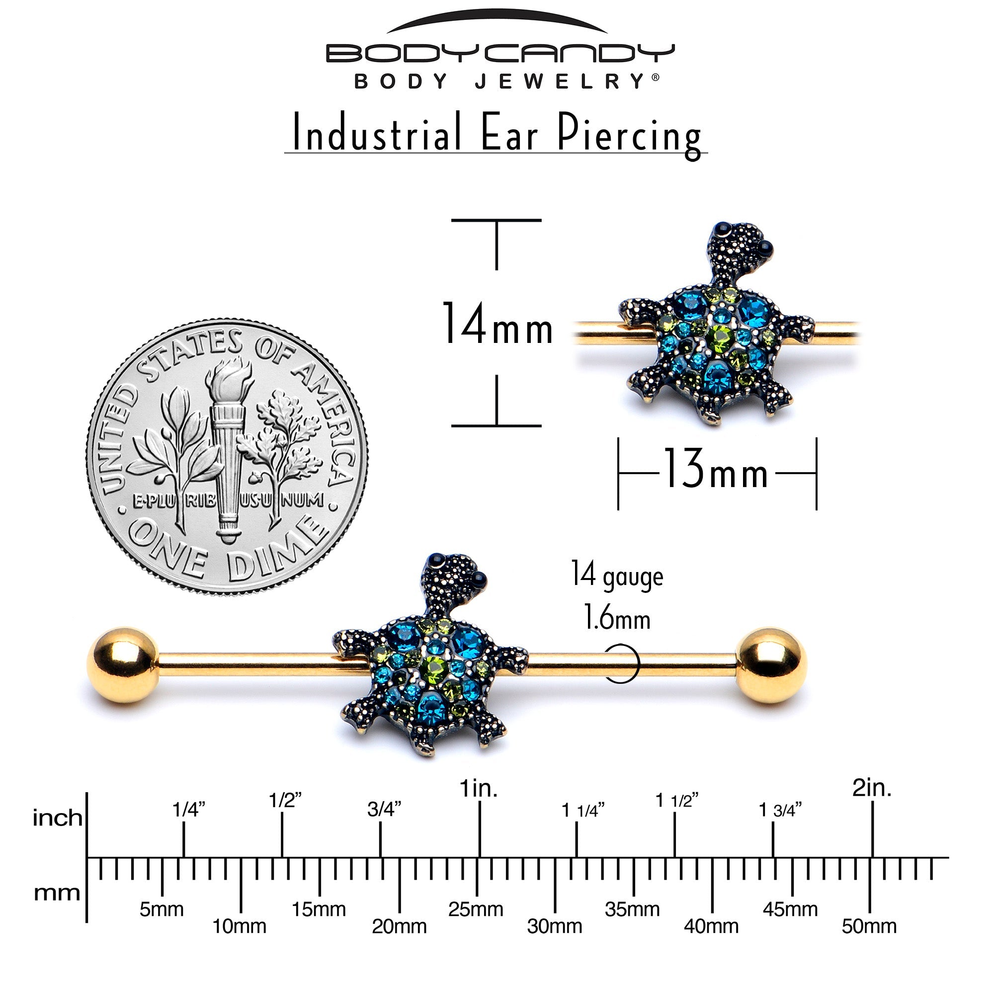 BodyCandy 14G Blue Gem Gold Tone Sweet Sea Turtle Industrial Barbell 38mm — side view