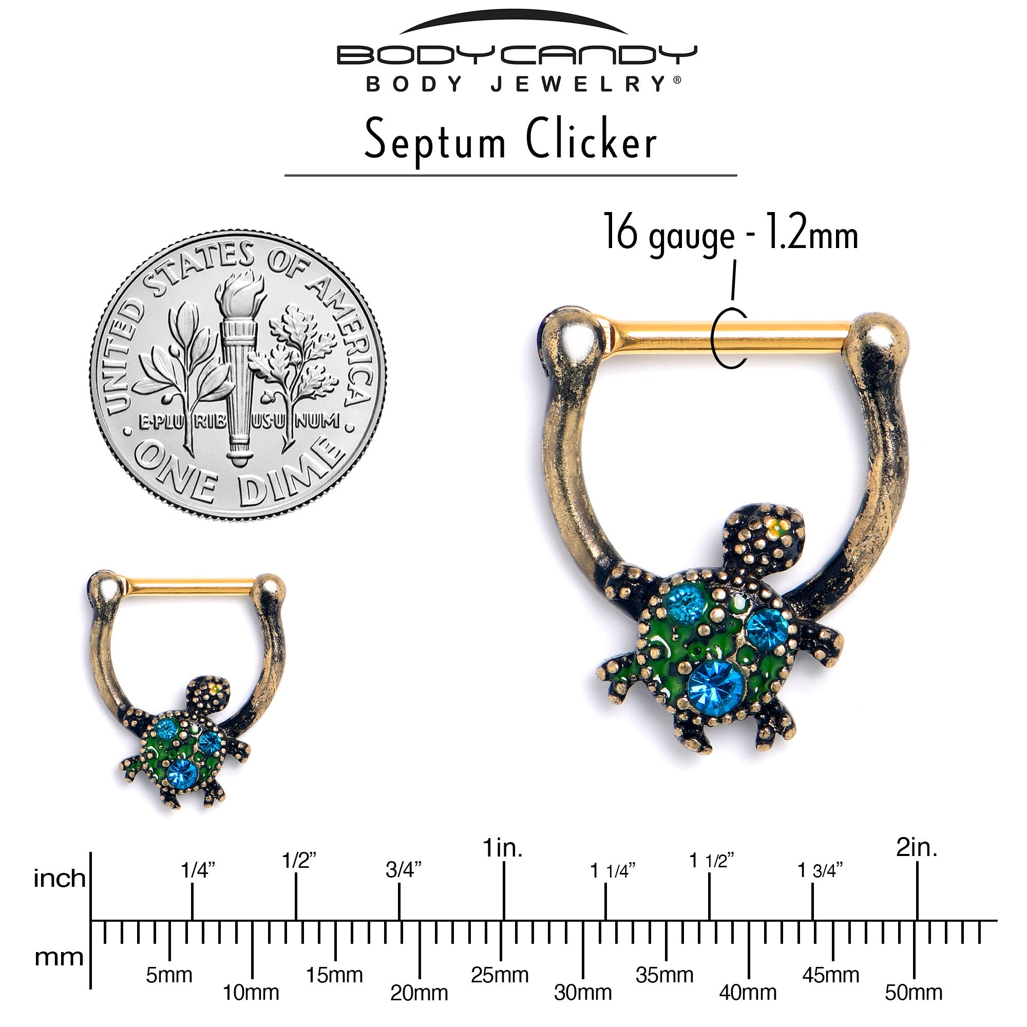 BodyCandy 16G 5/16 Blue Gem Gold Tone Sweet Sea Turtle Cartilage Clicker — side view