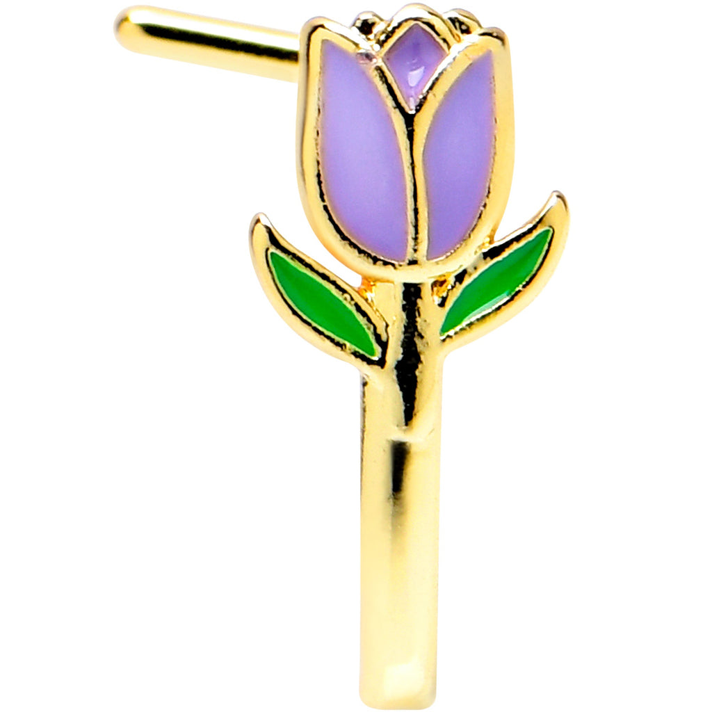 BodyCandy 20G 7mm Gold Tone Purple Tulip Flower Faux Hoop L Shape Nose Ring — detail close-up