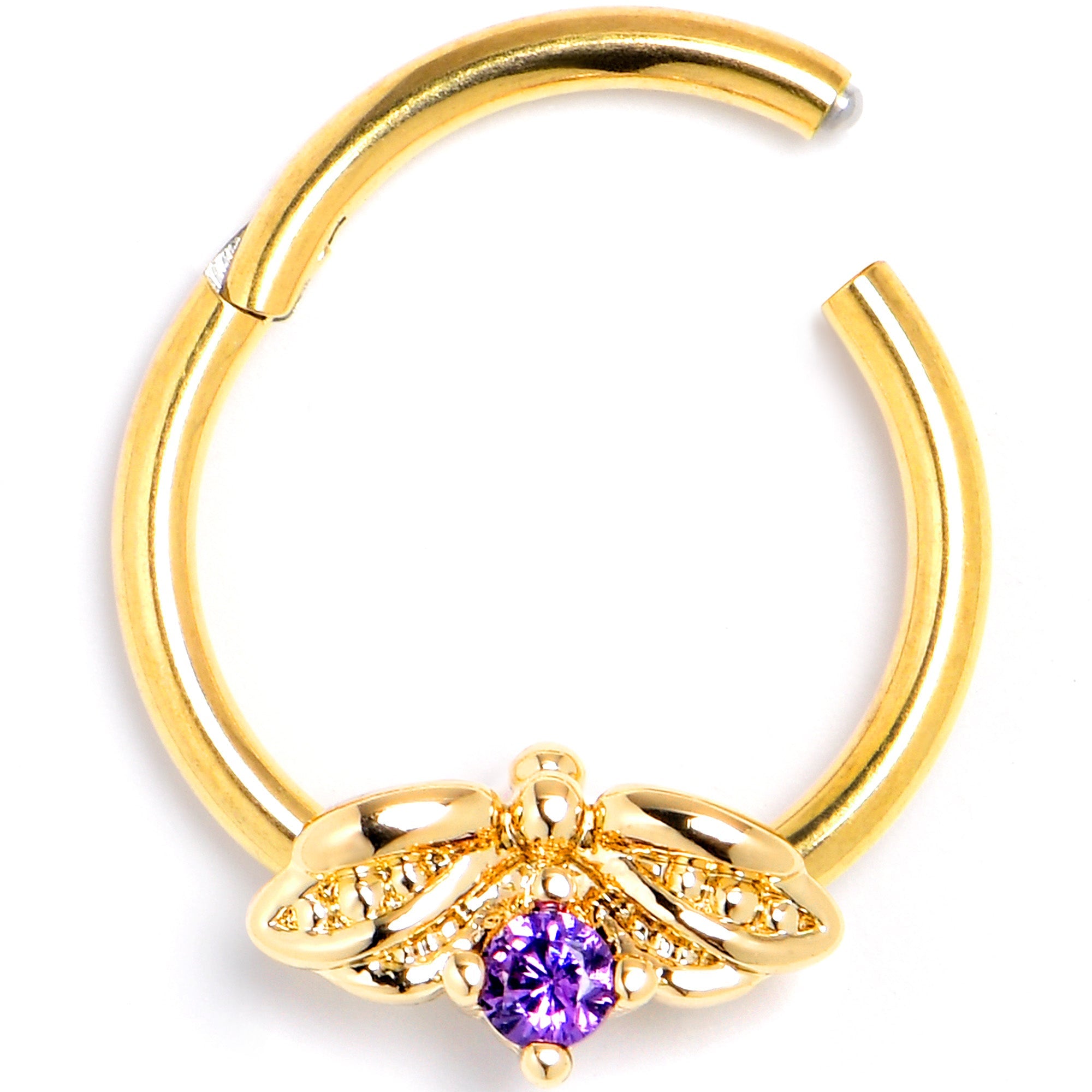 BodyCandy 16G 3/8 Purple Gem Gold Tone Beauty Bug Hinged Segment Ring — detail close-up