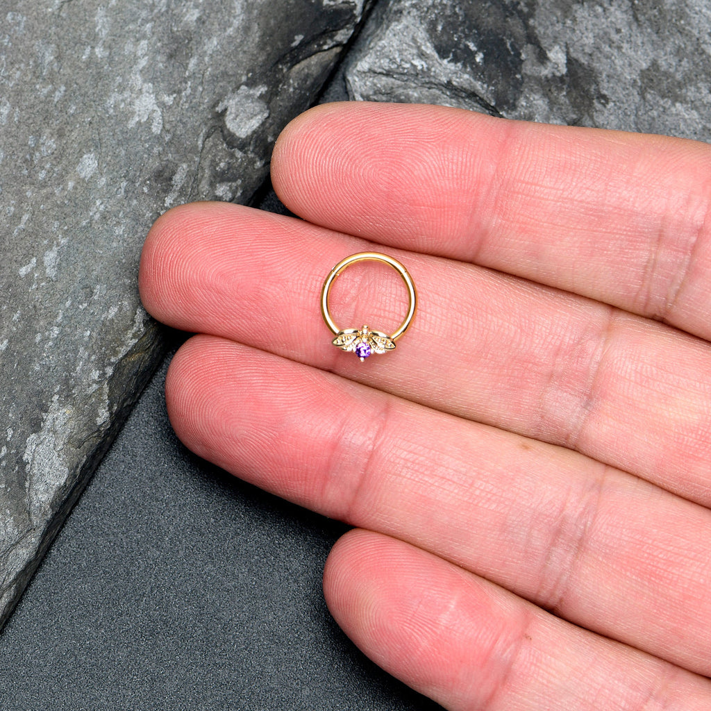 BodyCandy 16G 3/8 Purple Gem Gold Tone Beauty Bug Hinged Segment Ring — lifestyle context