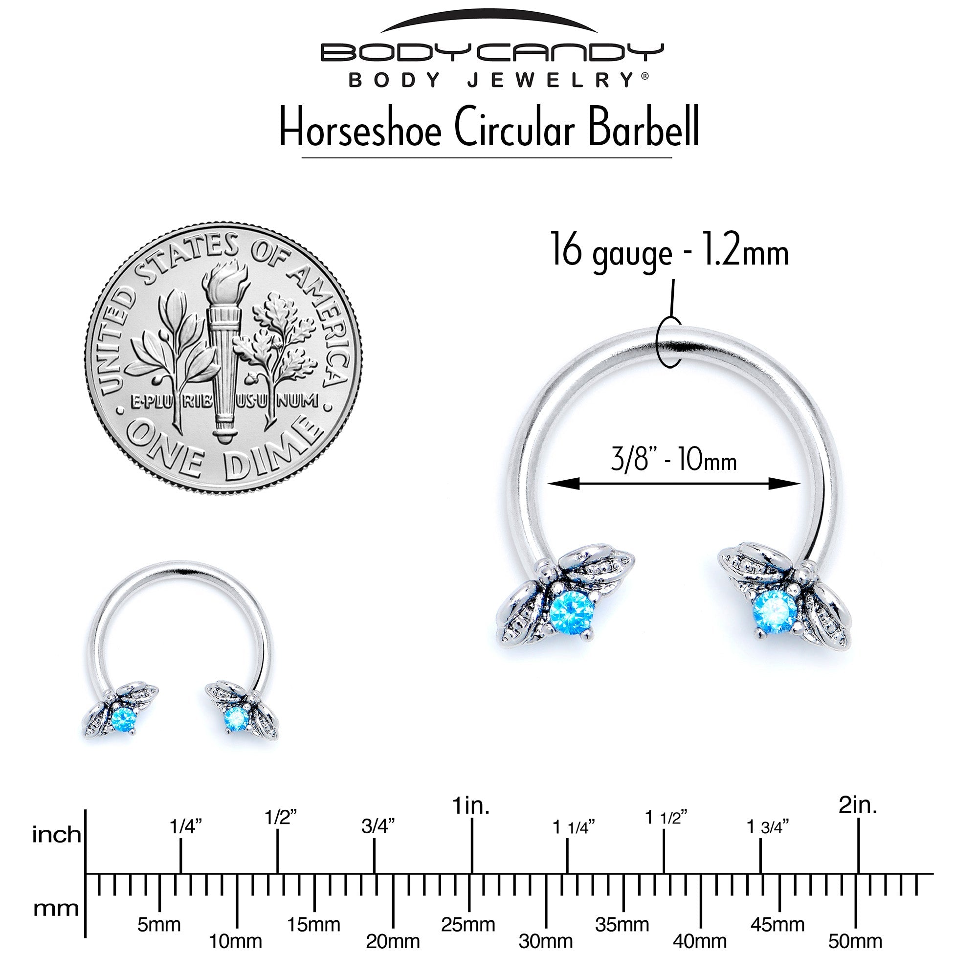BodyCandy 16G 3/8 Blue Gem Beauty Bug Insect Horseshoe Circular Barbell — side view