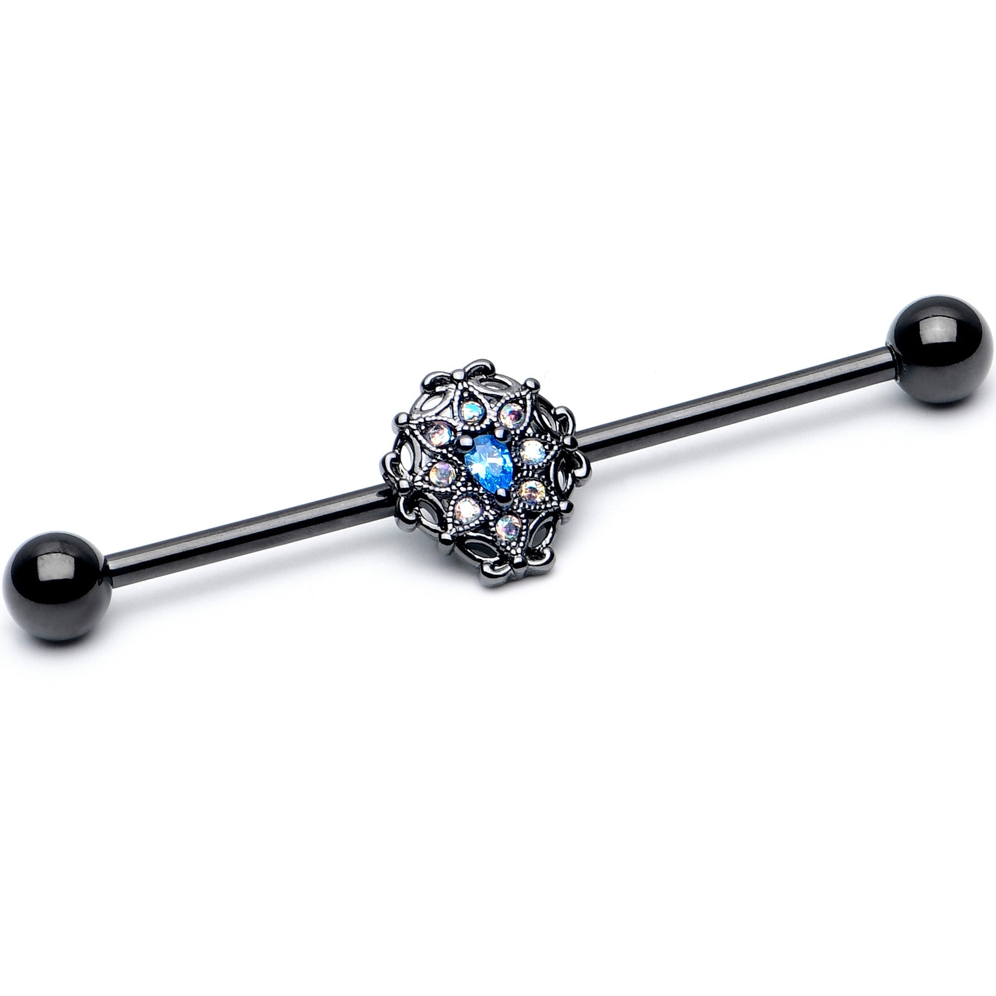 BodyCandy 14G Blue Aurora Gem Black Night Blossom Industrial Barbell 38mm — main product shot
