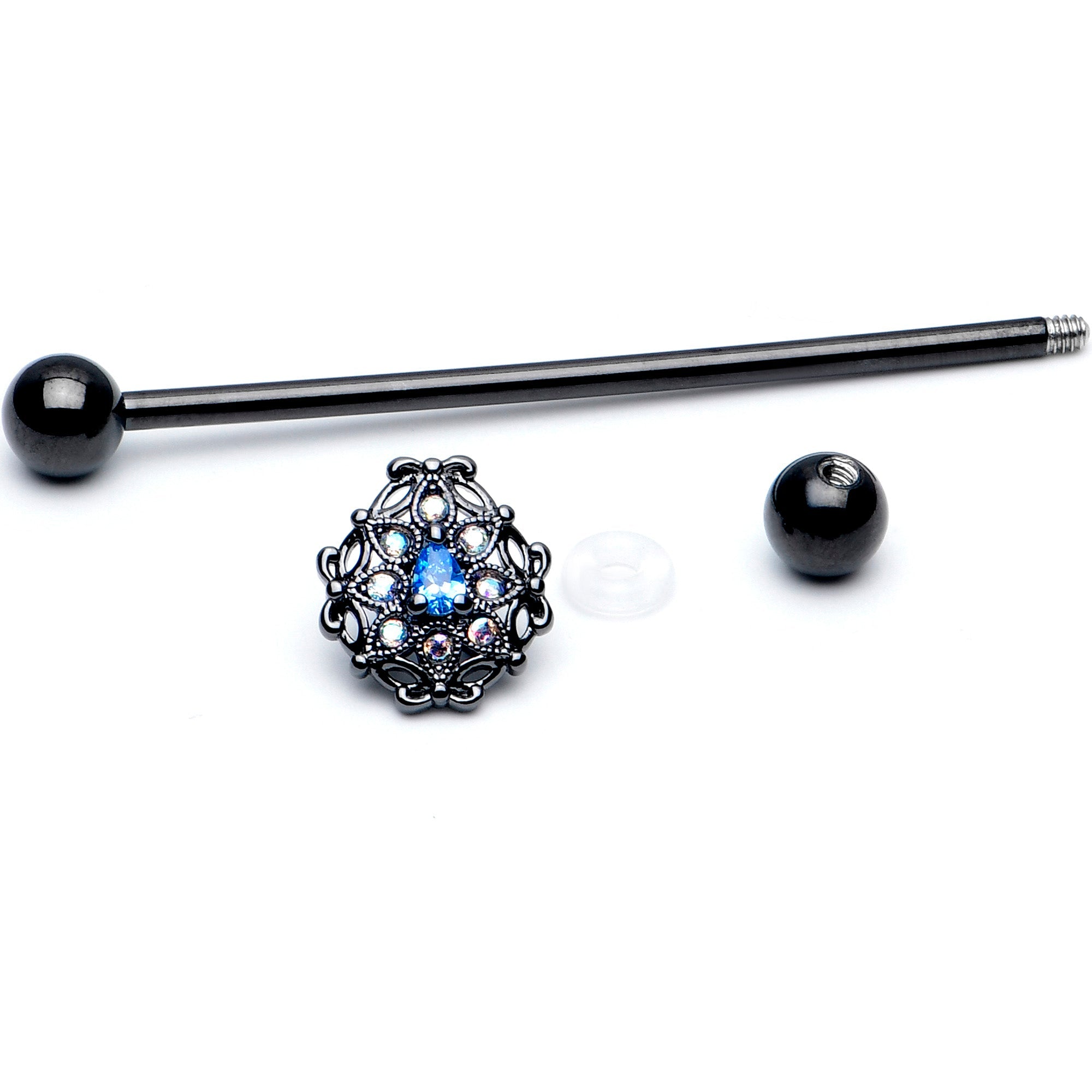 BodyCandy 14G Blue Aurora Gem Black Night Blossom Industrial Barbell 38mm — detail close-up