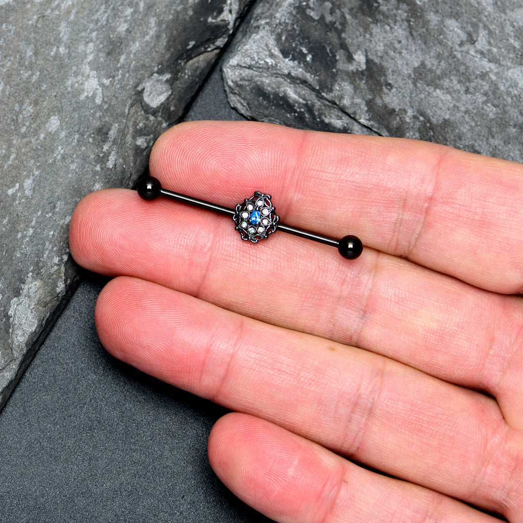 BodyCandy 14G Blue Aurora Gem Black Night Blossom Industrial Barbell 38mm — lifestyle context