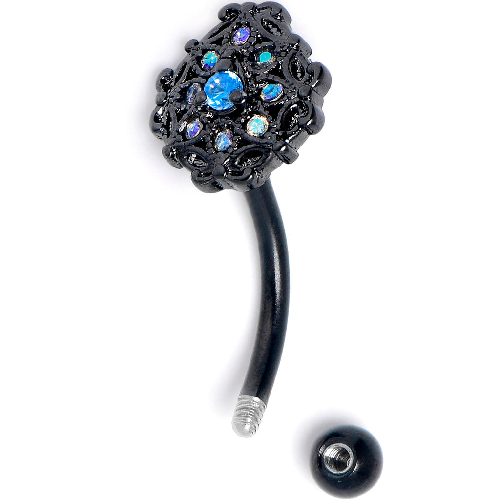 BodyCandy 16G 5/16 Blue Aurora Gem Black Night Blossom Curved Eyebrow Ring — detail close-up