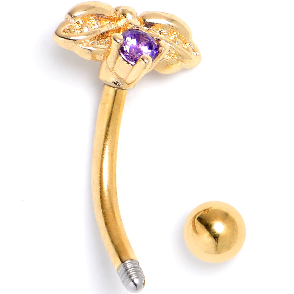 BodyCandy 16G 5/16 Purple Gem Gold Tone Beauty Bug Curved Eyebrow Ring — detail close-up