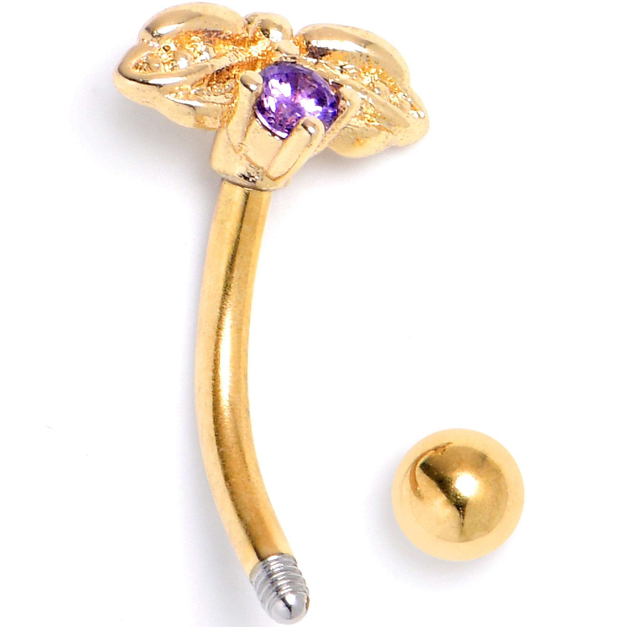 BodyCandy 16G 5/16 Purple Gem Gold Tone Beauty Bug Curved Eyebrow Ring — detail close-up