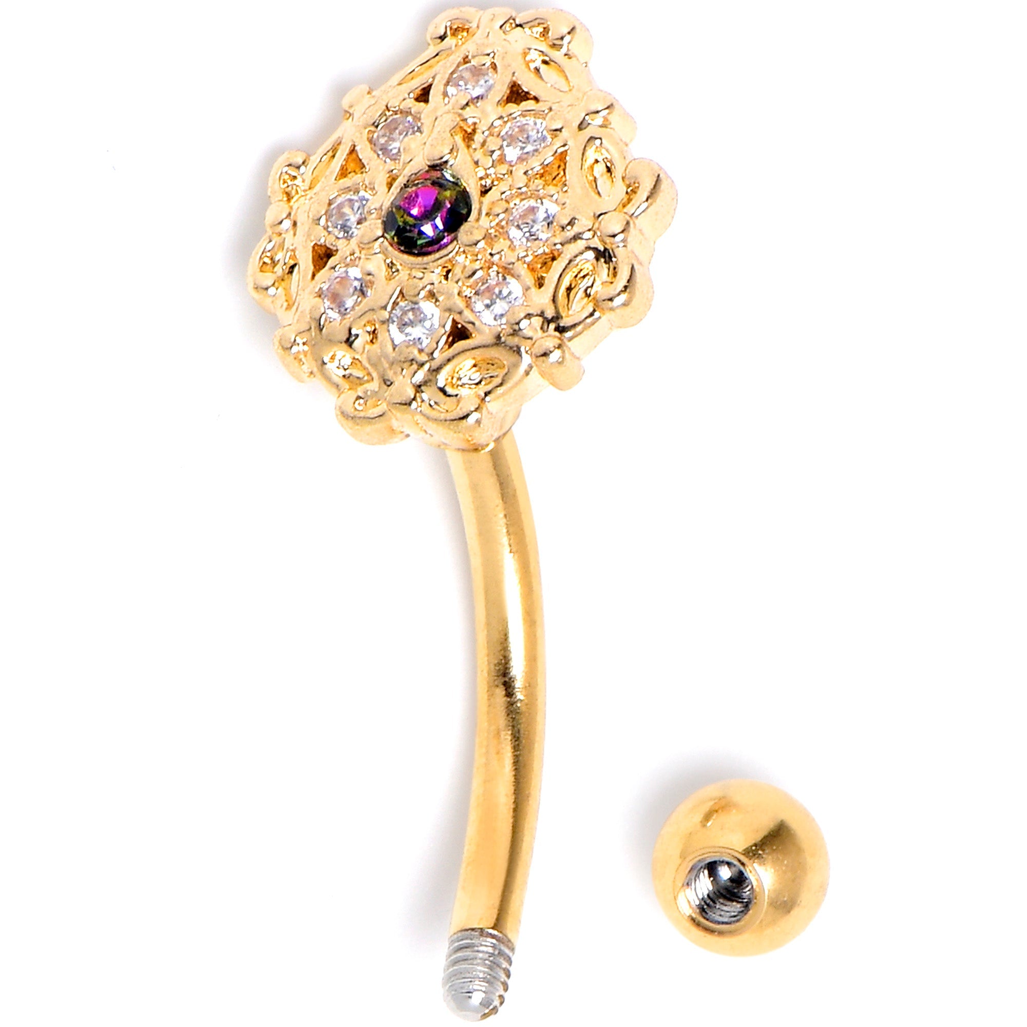 BodyCandy 16G 5/16 Vitrail Gem Gold Tone Blossom Bloom Curved Eyebrow Ring — detail close-up