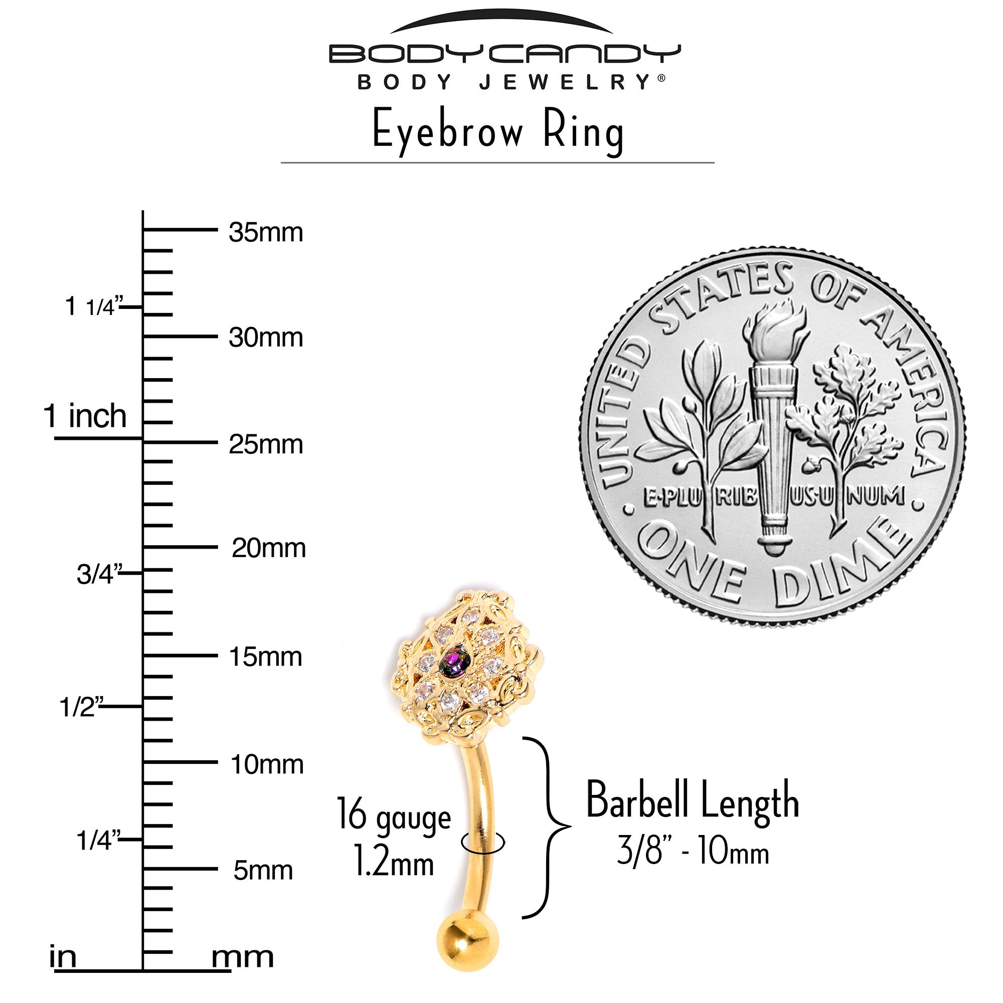 BodyCandy 16G 5/16 Vitrail Gem Gold Tone Blossom Bloom Curved Eyebrow Ring — side view