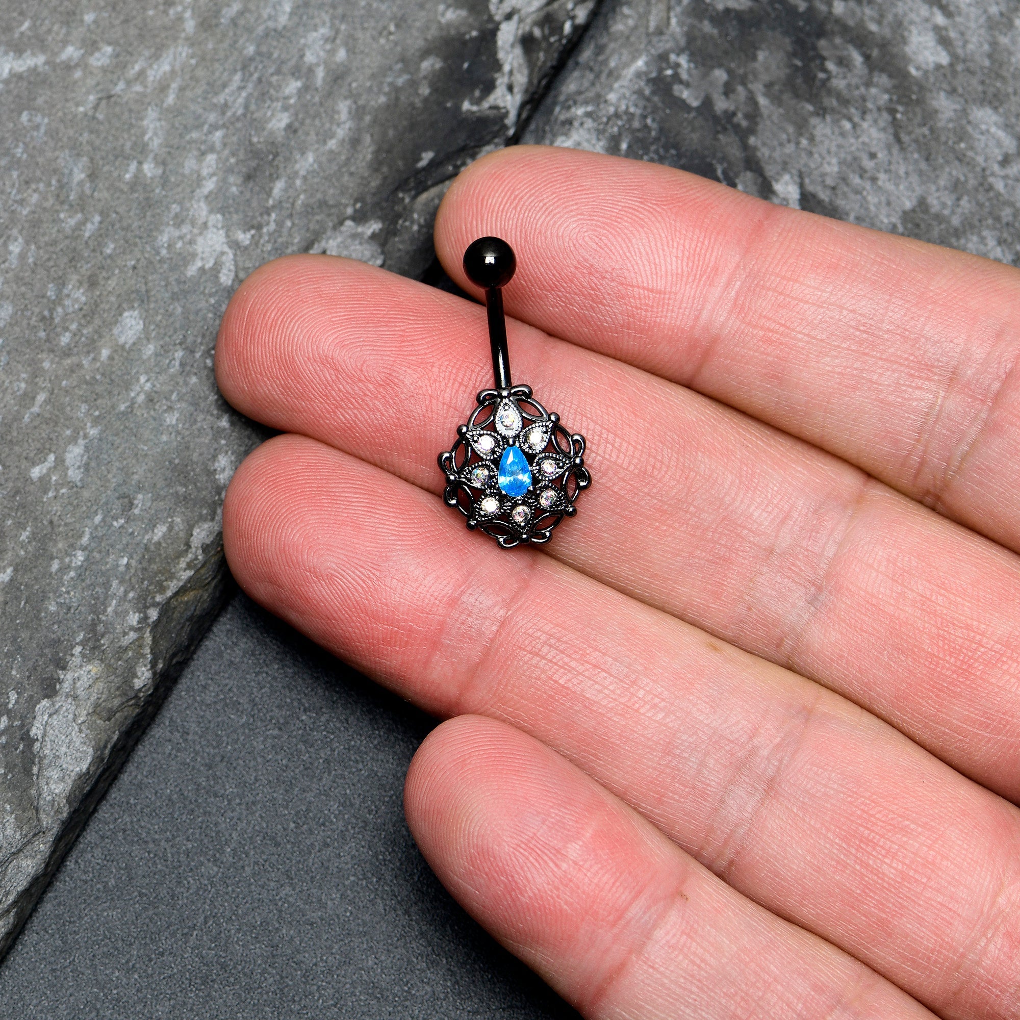 BodyCandy Blue Aurora Gem Black Night Blossom Belly Ring — detail close-up