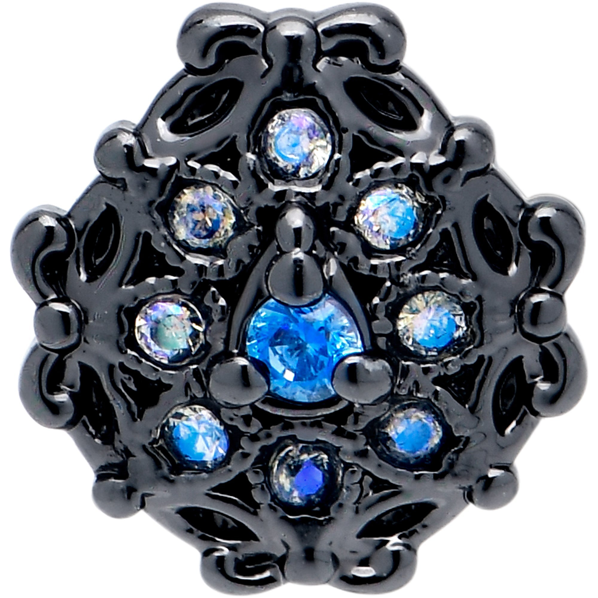 BodyCandy 20G  7mm Blue Aurora Gem Black Night Blossom L Shape Nose Ring — detail close-up