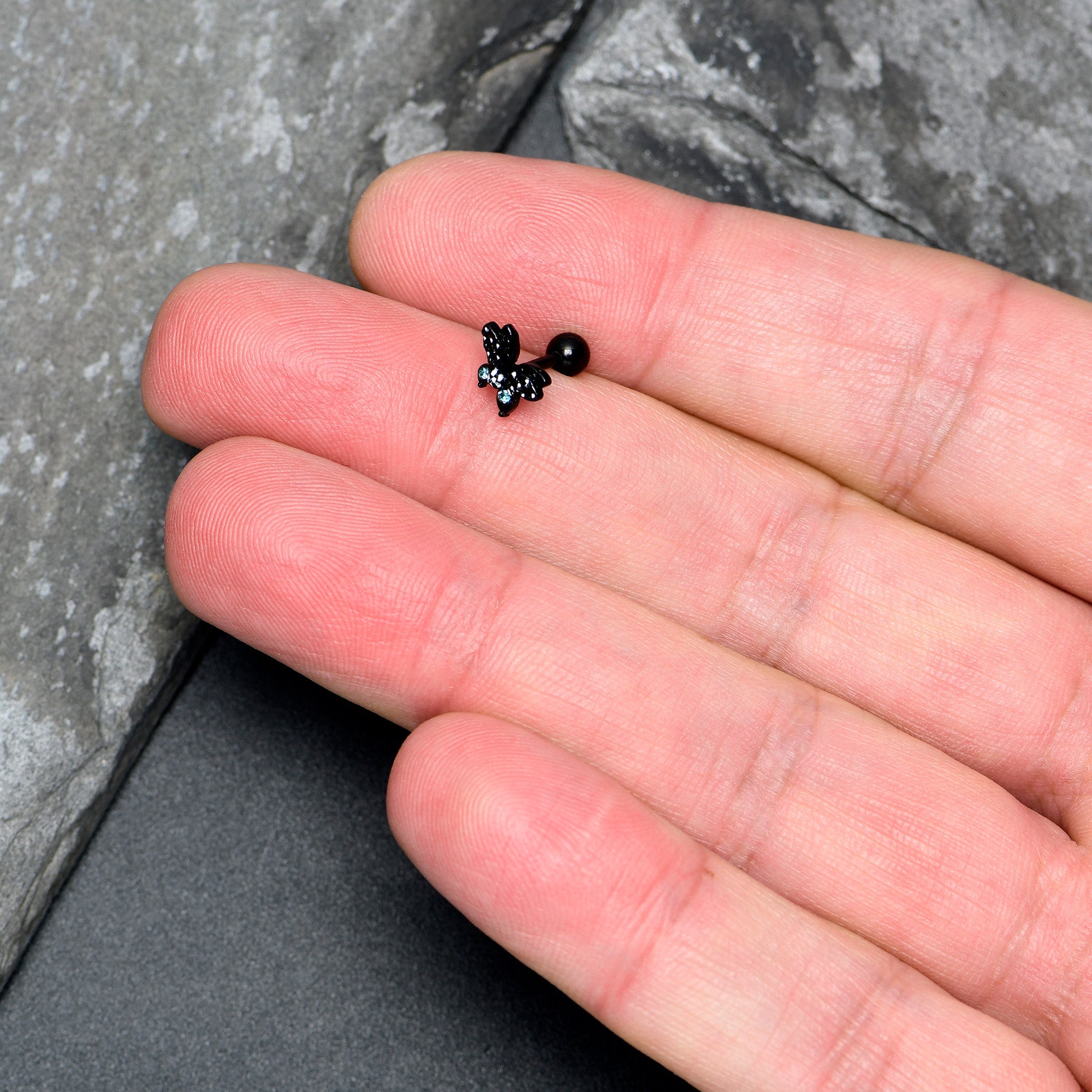 BodyCandy 16G 1/4 Blue CZ Gem Black Night Drama Butterfly Cartilage Earring — side view