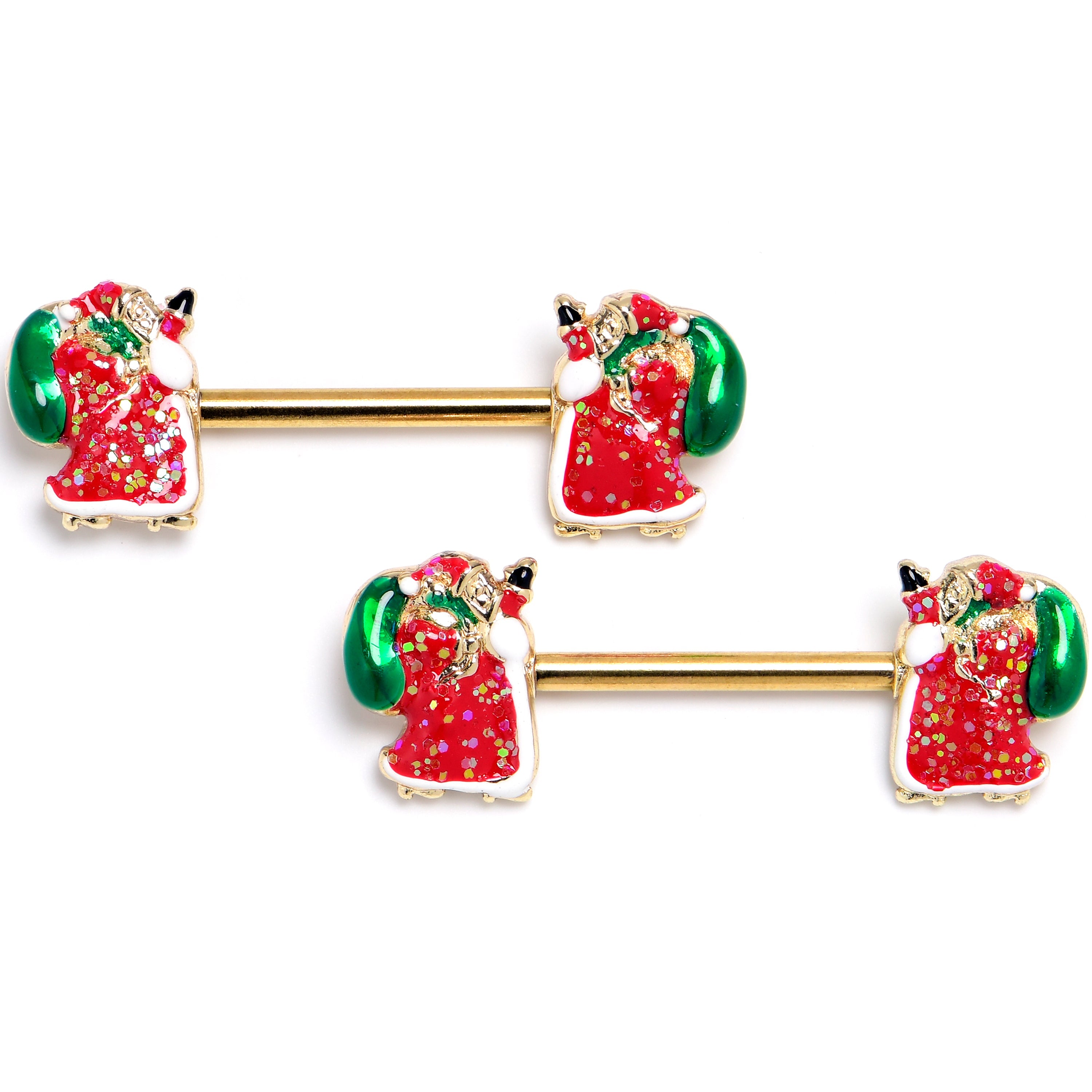 BodyCandy 14G 9/16 Gold Tone Glitter Santa Red Barbell Nipple Ring Set — main product shot