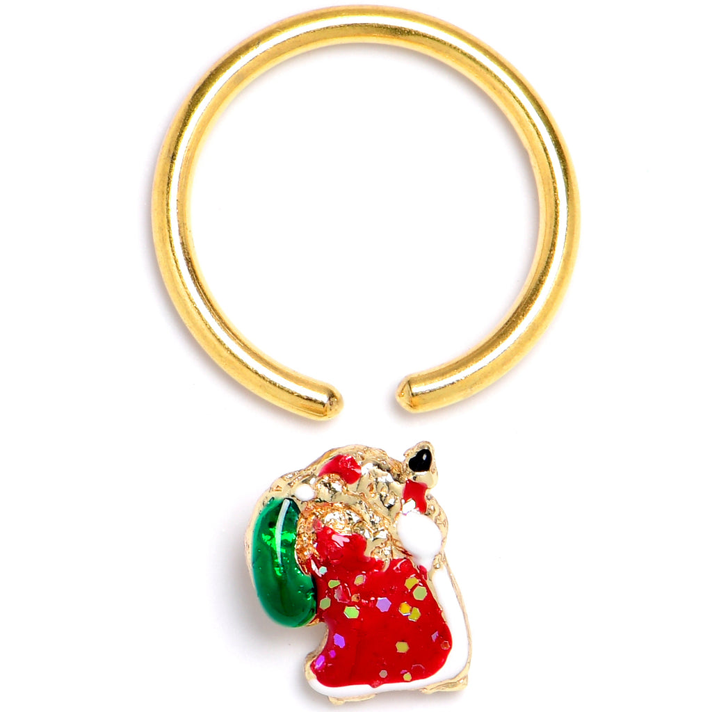 BodyCandy 16G 3/8 Gold Tone Glitter Santa Red Christmas BCR Captive Ring — detail close-up