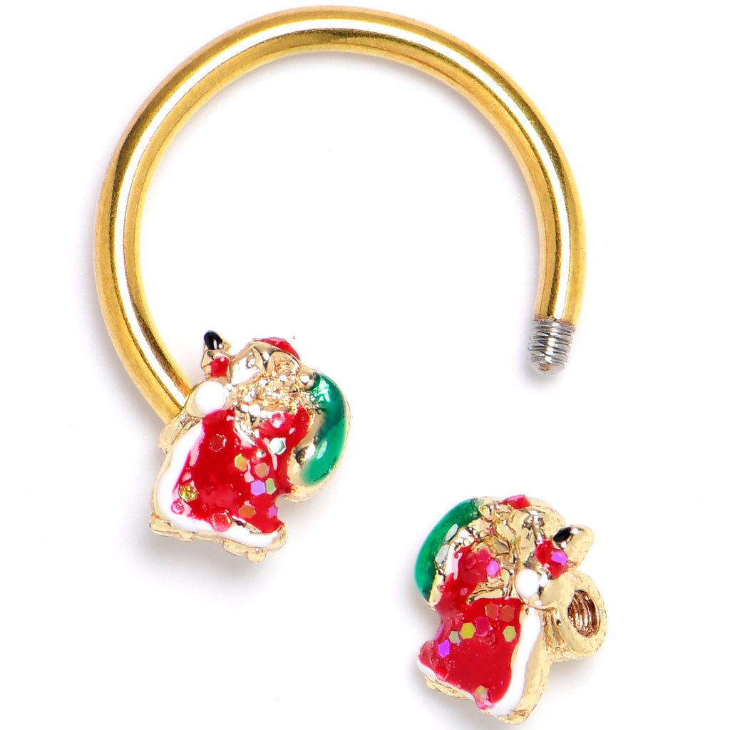 BodyCandy 16G 3/8 Gold Tone Glitter Santa Red Horseshoe Circular Barbell — detail close-up
