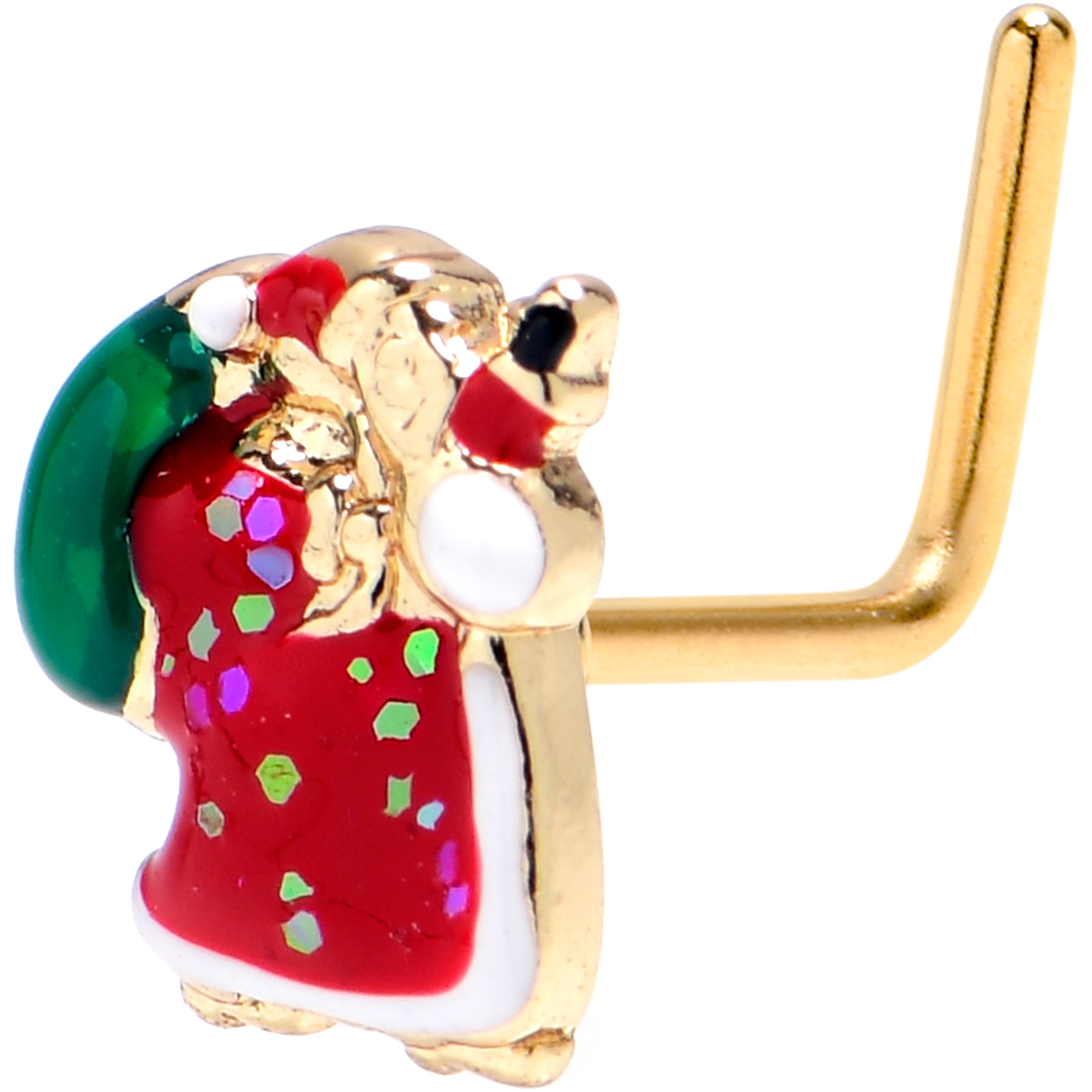 BodyCandy 20G 7mm Gold Tone Glitter Santa Red Christmas L Shape Nose Ring — main product shot