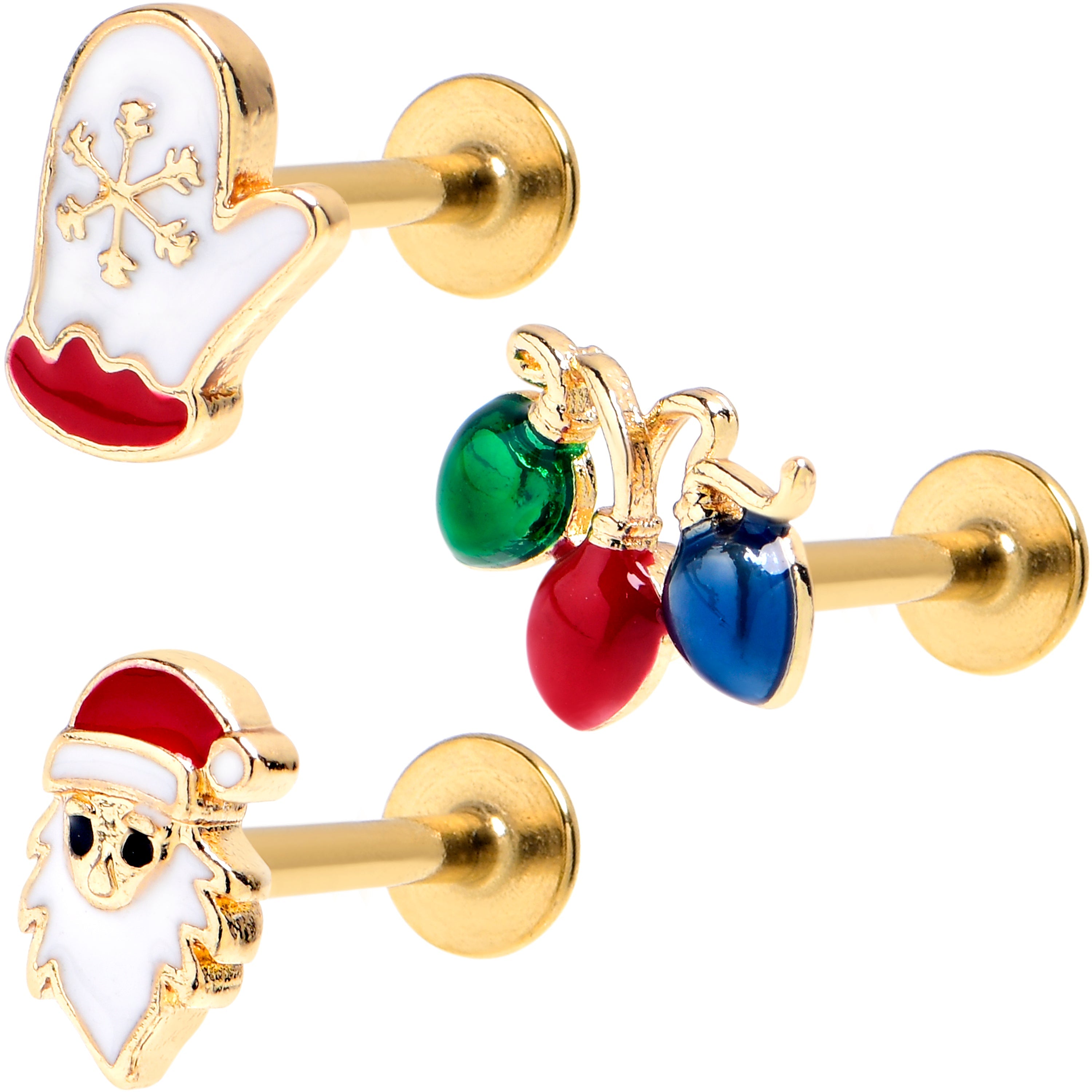 BodyCandy 16G 5/16 Gold Tone Santa Mitten Lights Labret Tragus Set of 3 — main product shot