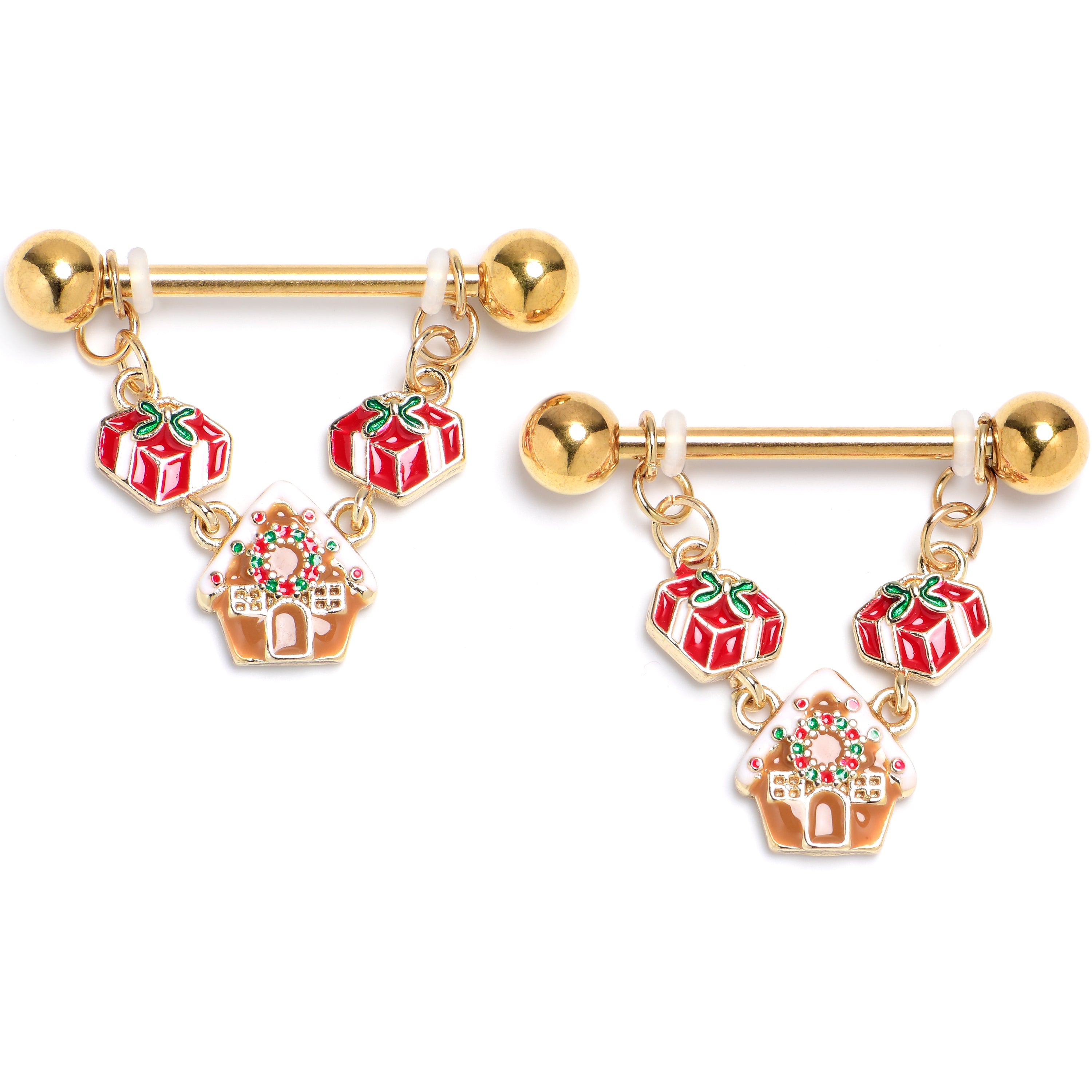 BodyCandy 14G 9/16 Gold Tone Gingerbread House Dangle Nipple Ring Set — main product shot