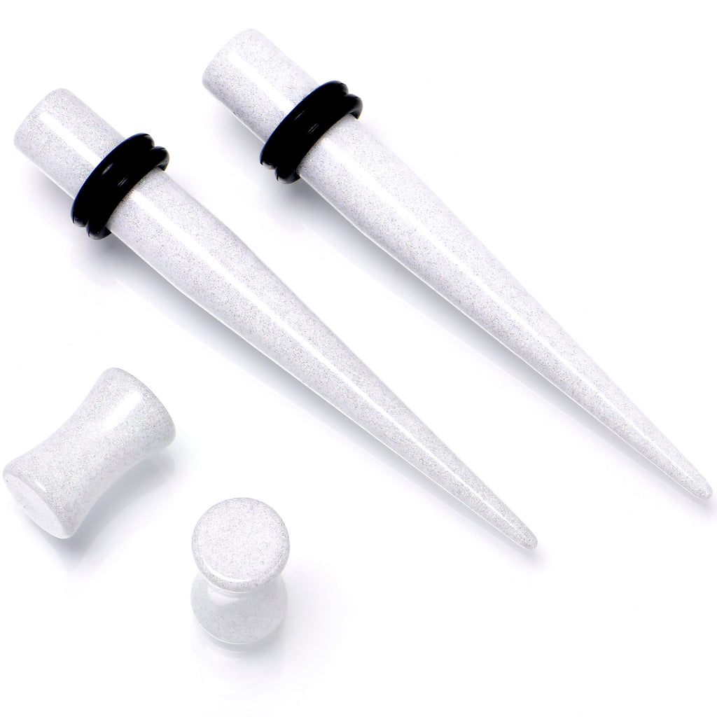 BodyCandy White Acrylic Shimmer Finish Taper Plug Set 6mm to 20mm Sizes — detail close-up