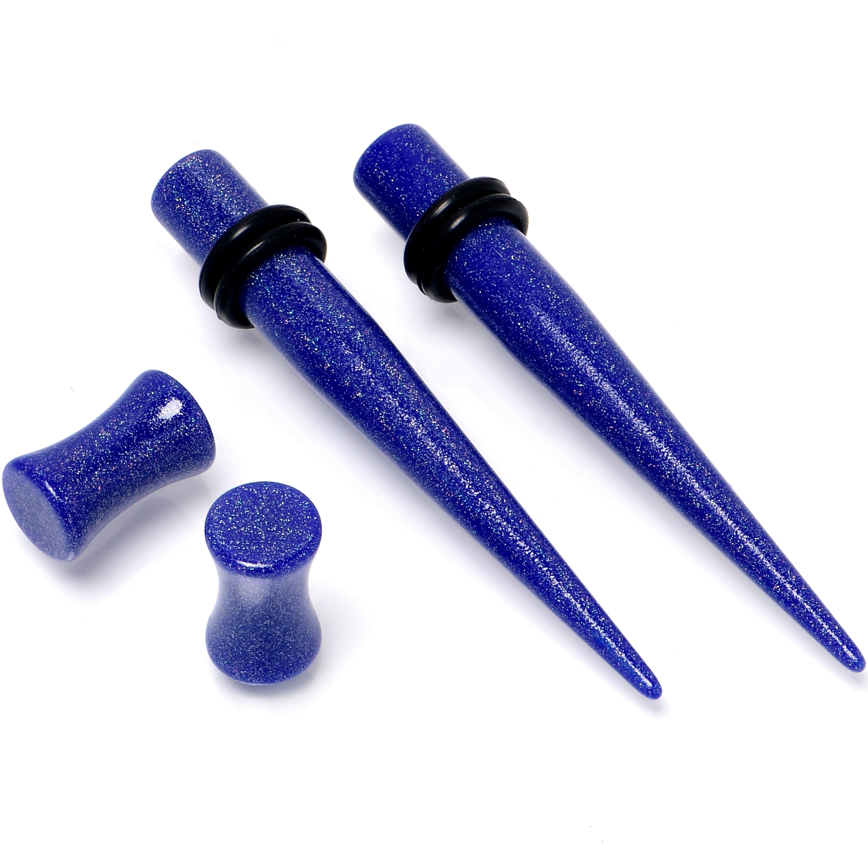 BodyCandy Blue Acrylic Shimmer Finish Taper Saddle Plug Set 6mm to 20mm Sizes — detail close-up