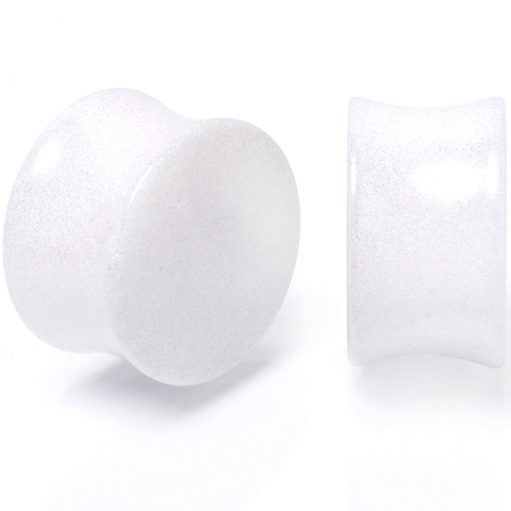 BodyCandy White Shimmer Acrylic Double Flare Plug Set 6mm to 20mm Sizes — detail close-up