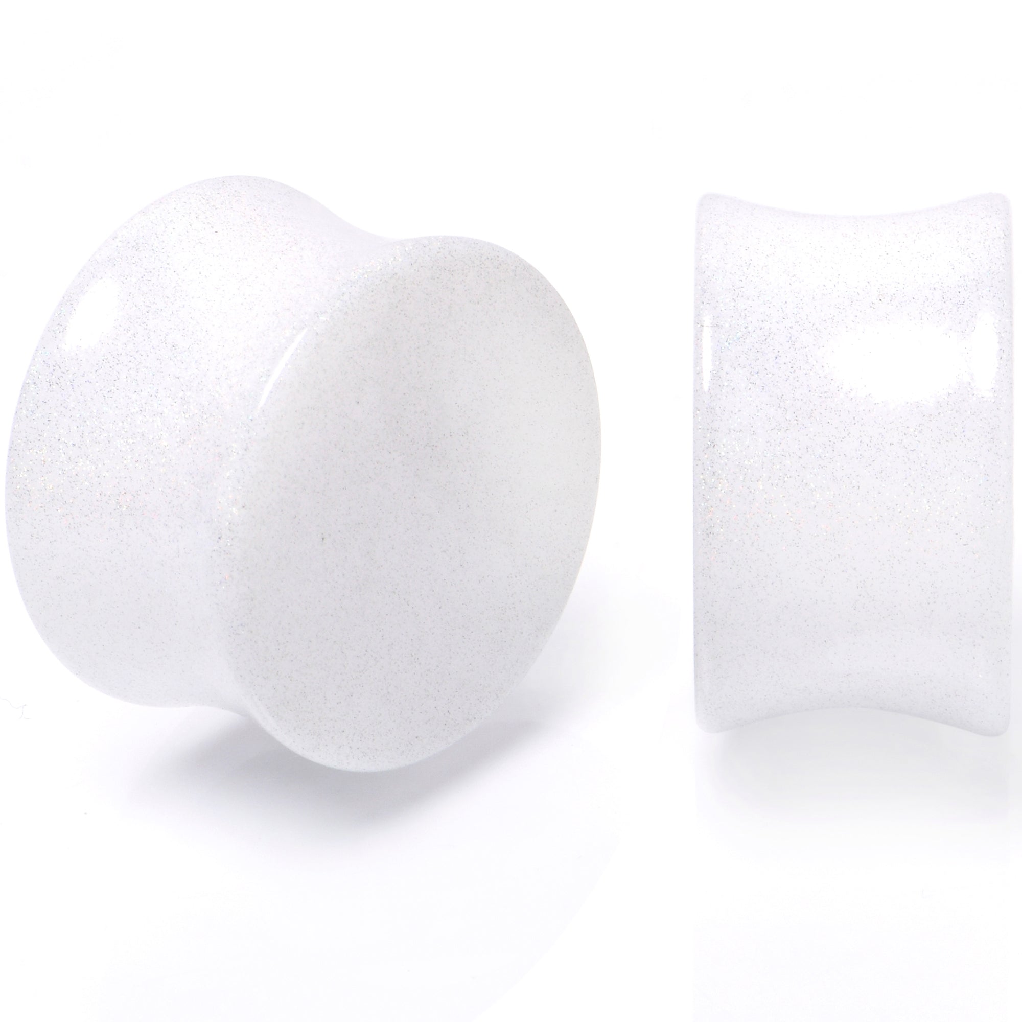 BodyCandy White Shimmer Acrylic Double Flare Plug Set 6mm to 20mm Sizes — detail close-up