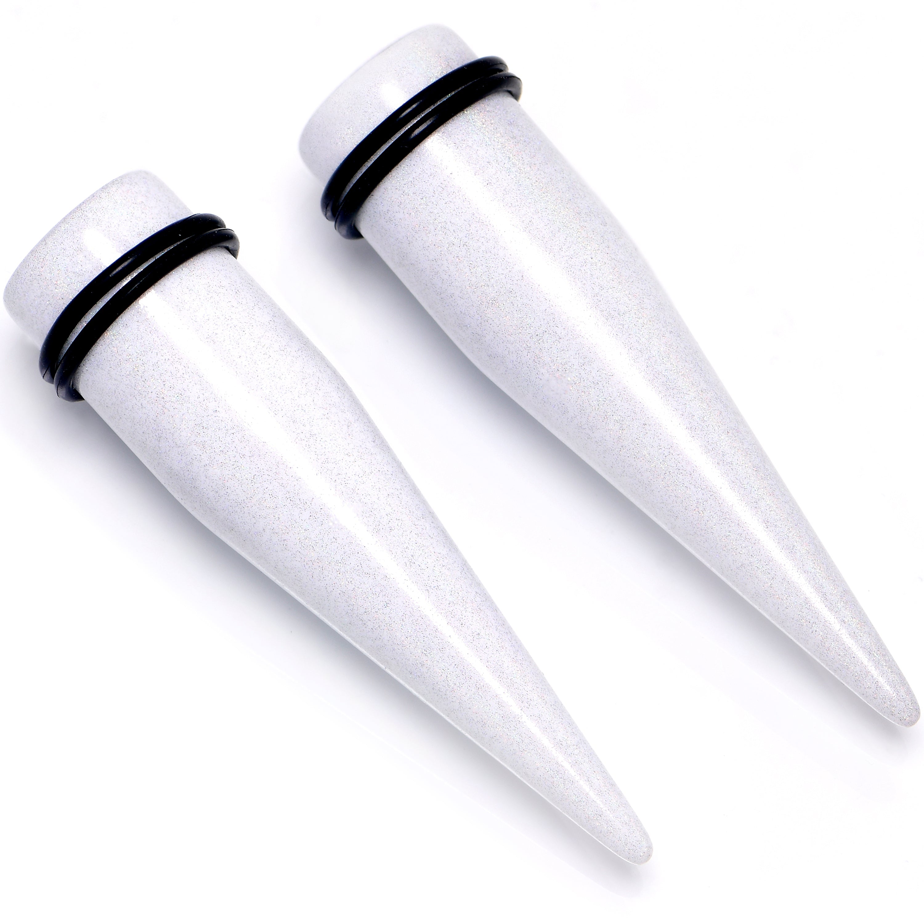 BodyCandy White Shimmer Acrylic Straight Taper Set 6mm to 20mm Sizes — in-use photo