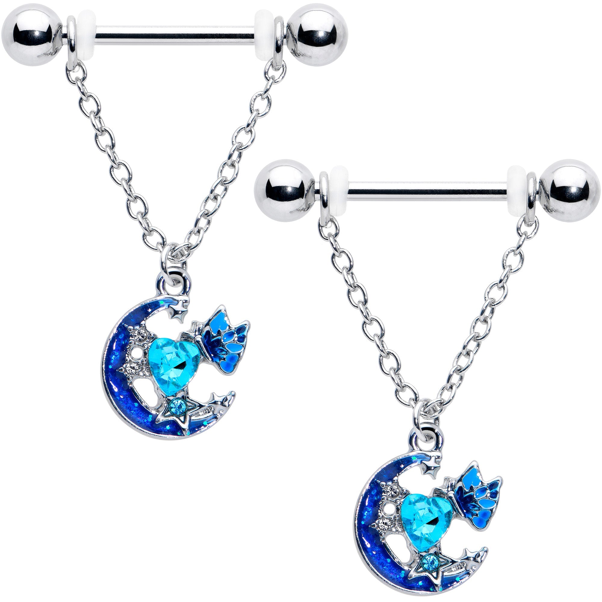 BodyCandy 14G 9/16 Blue Gem Butterfly Love Heart Dangle Nipple Ring Set — main product shot