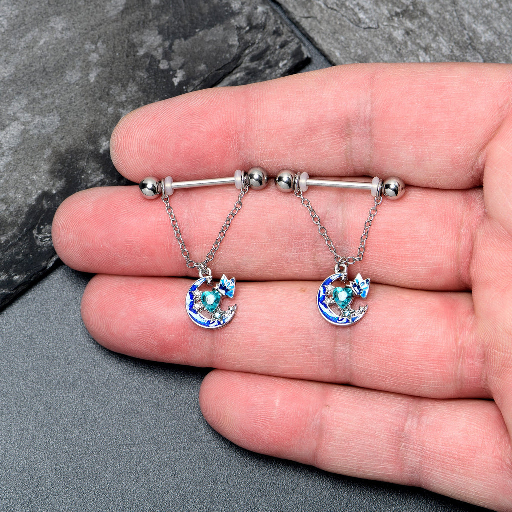 BodyCandy 14G 9/16 Blue Gem Butterfly Love Heart Dangle Nipple Ring Set — detail close-up