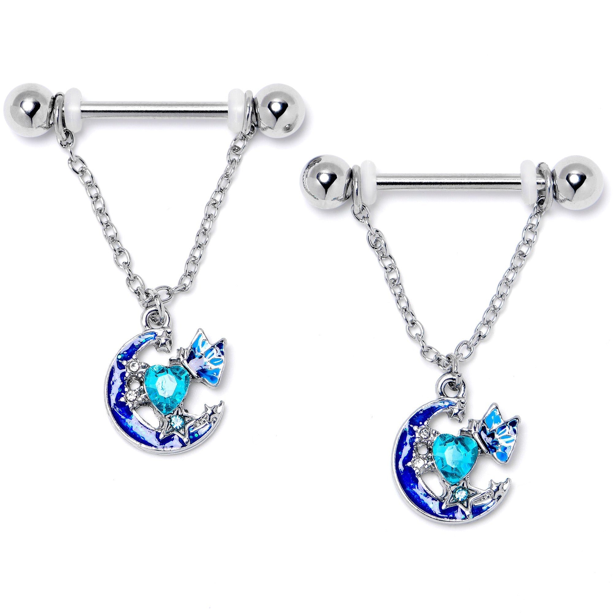 BodyCandy 14G 9/16 Blue Gem Butterfly Love Heart Dangle Nipple Ring Set — lifestyle context