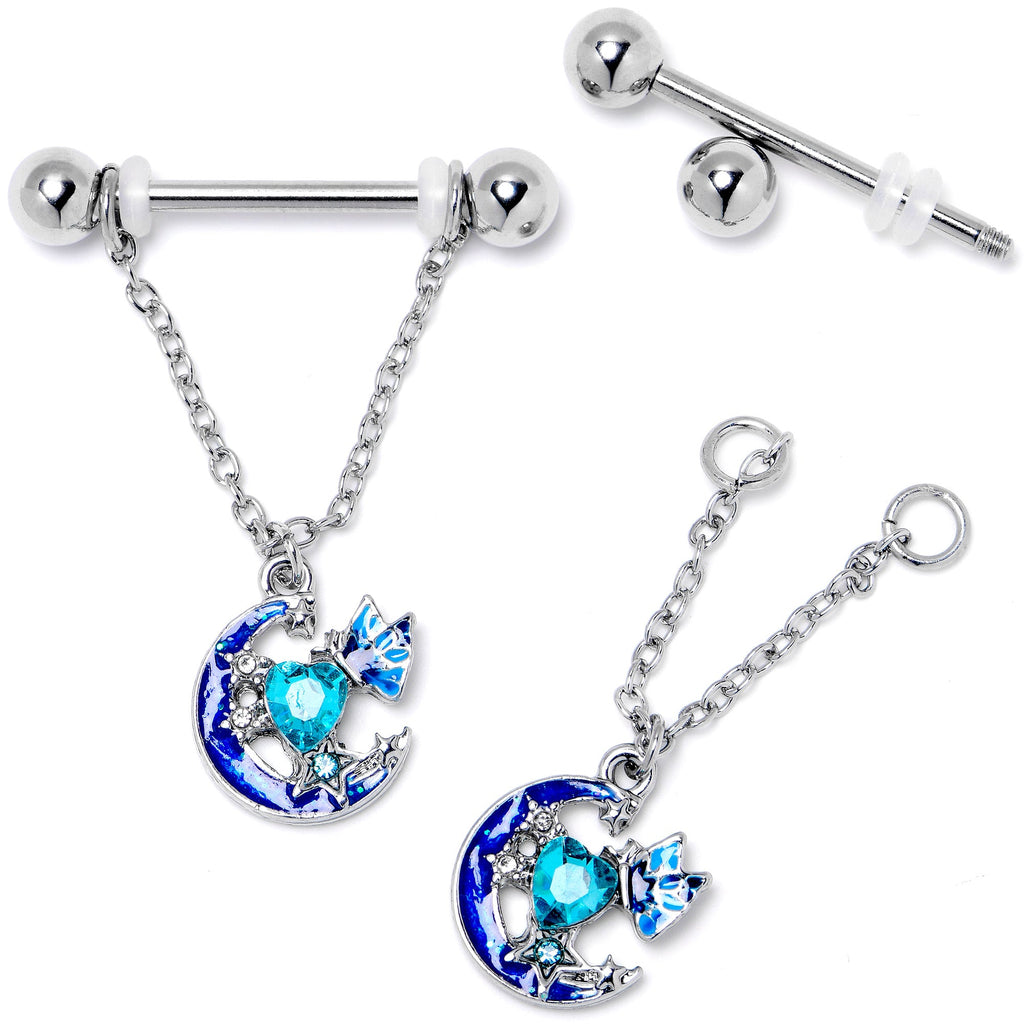 BodyCandy 14G 9/16 Blue Gem Butterfly Love Heart Dangle Nipple Ring Set — side view