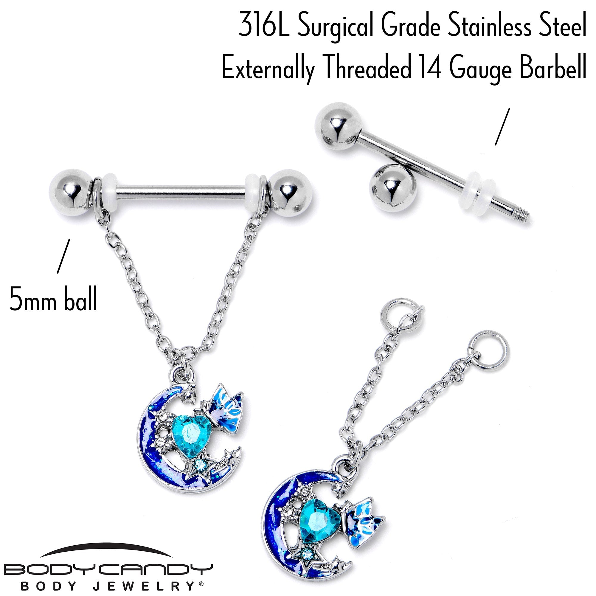 BodyCandy 14G 9/16 Blue Gem Butterfly Love Heart Dangle Nipple Ring Set — back view