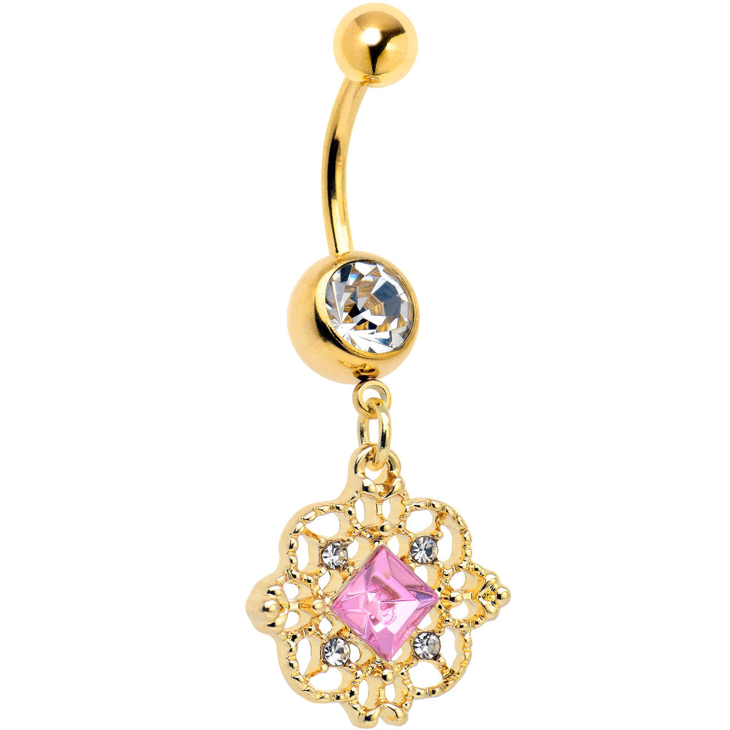 BodyCandy Clear Pink Gem Gold Tone Filigree Fantasy Dangle Belly Ring — main product shot