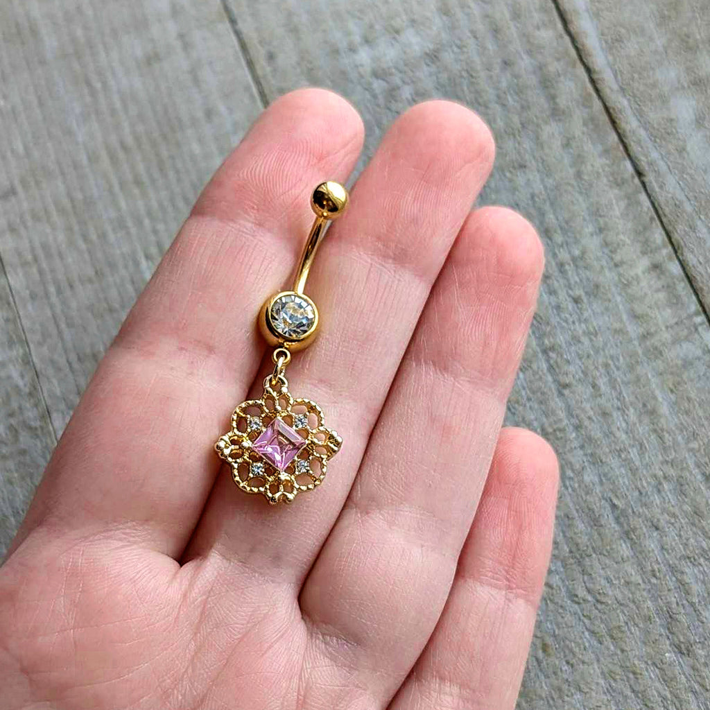 BodyCandy Clear Pink Gem Gold Tone Filigree Fantasy Dangle Belly Ring — detail close-up
