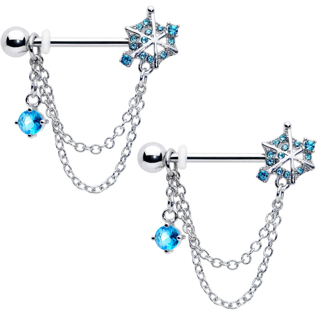 BodyCandy 14G 9/16 Blue CZ Gem Spiderweb Chain Dangle Nipple Ring Set — main product shot