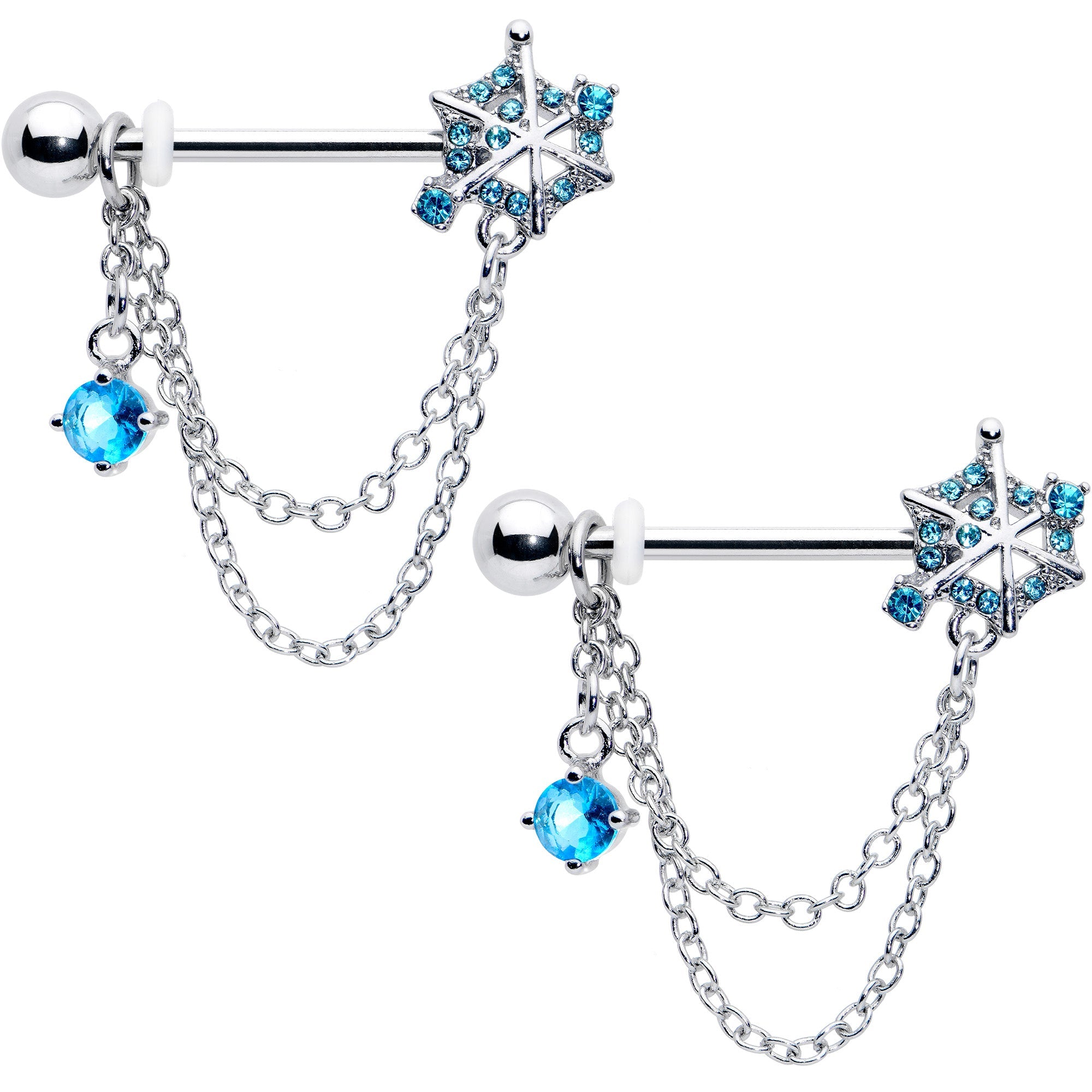 BodyCandy 14G 9/16 Blue CZ Gem Spiderweb Chain Dangle Nipple Ring Set — main product shot