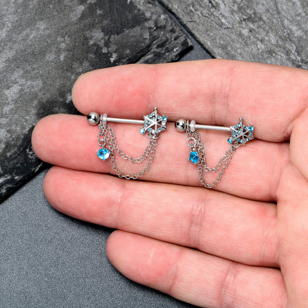 BodyCandy 14G 9/16 Blue CZ Gem Spiderweb Chain Dangle Nipple Ring Set — detail close-up