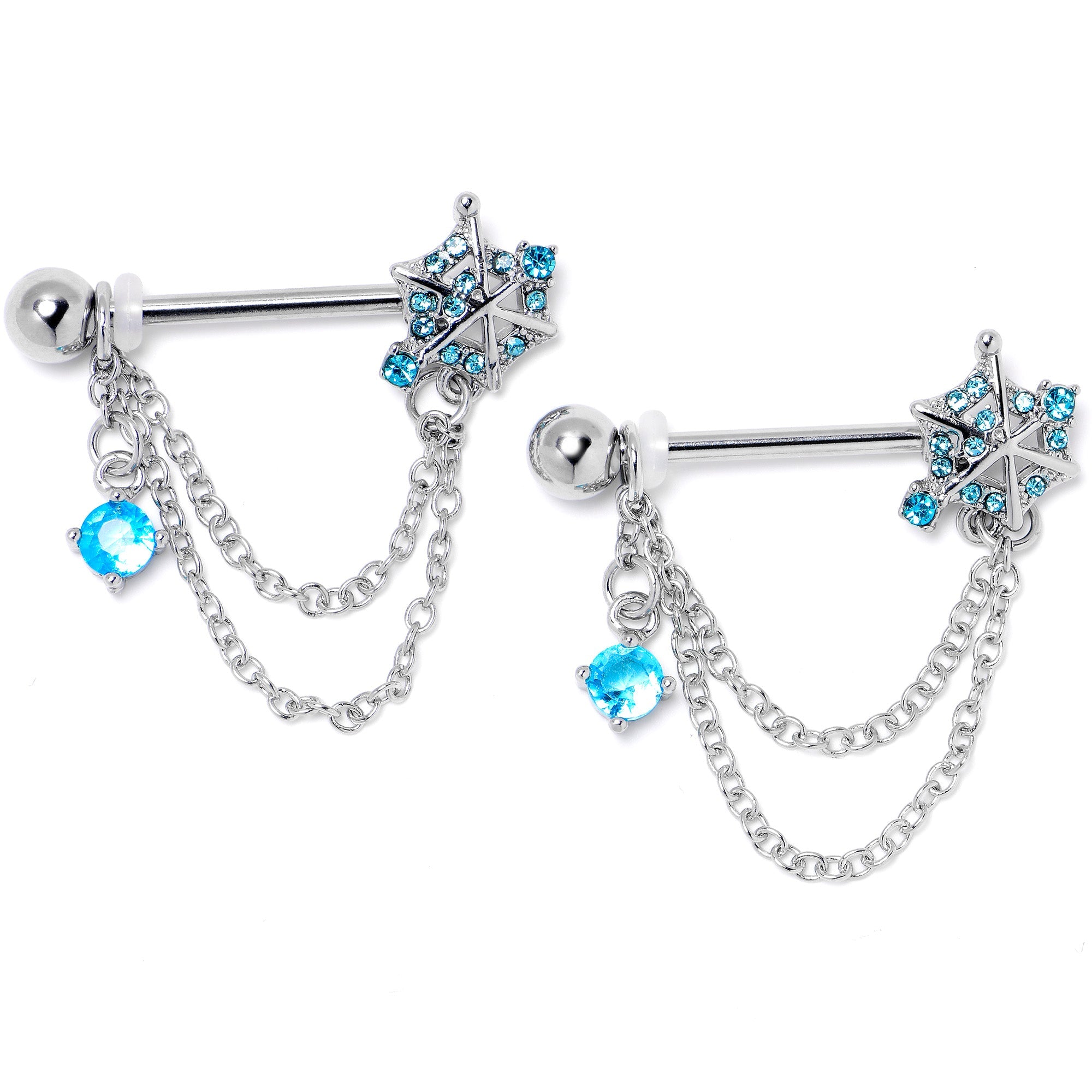 BodyCandy 14G 9/16 Blue CZ Gem Spiderweb Chain Dangle Nipple Ring Set — lifestyle context