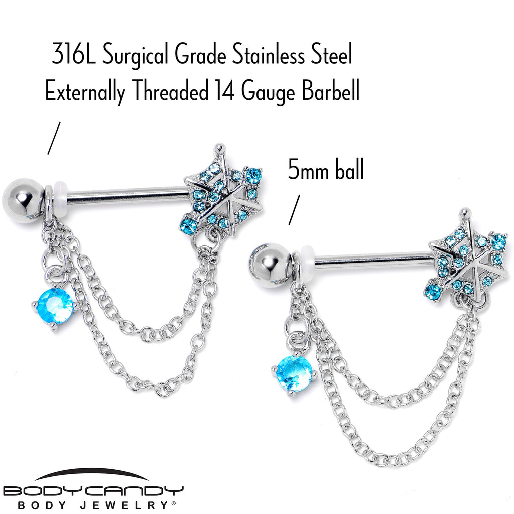 BodyCandy 14G 9/16 Blue CZ Gem Spiderweb Chain Dangle Nipple Ring Set — side view