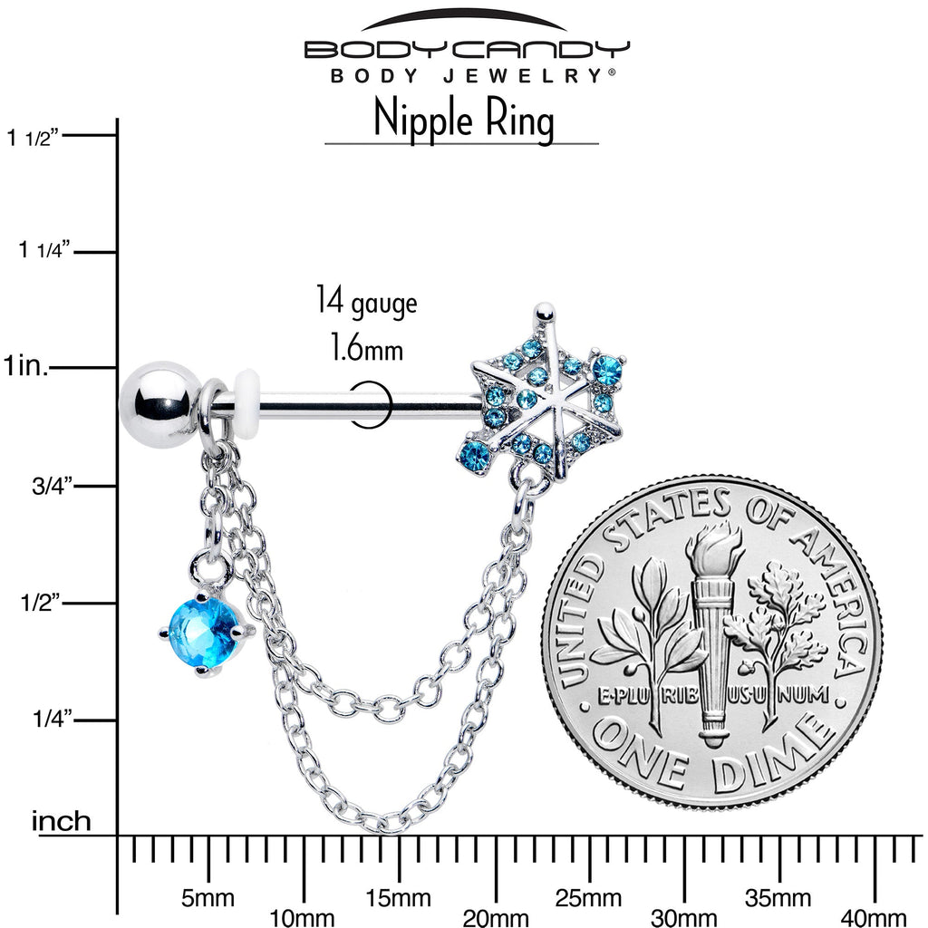 BodyCandy 14G 9/16 Blue CZ Gem Spiderweb Chain Dangle Nipple Ring Set — back view