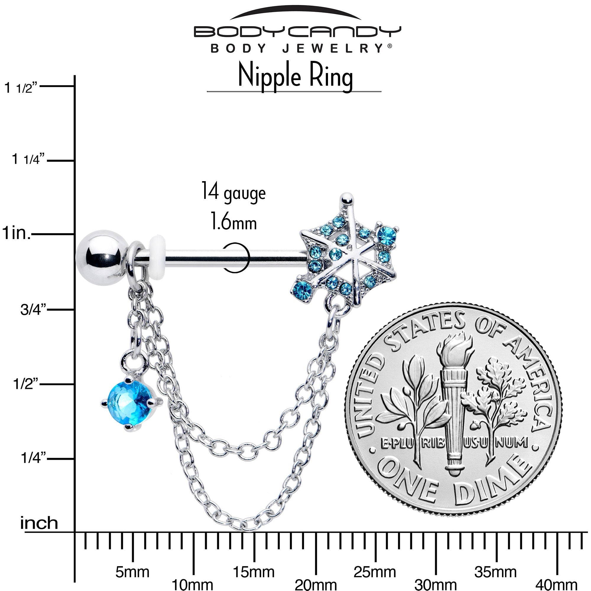 BodyCandy 14G 9/16 Blue CZ Gem Spiderweb Chain Dangle Nipple Ring Set — back view