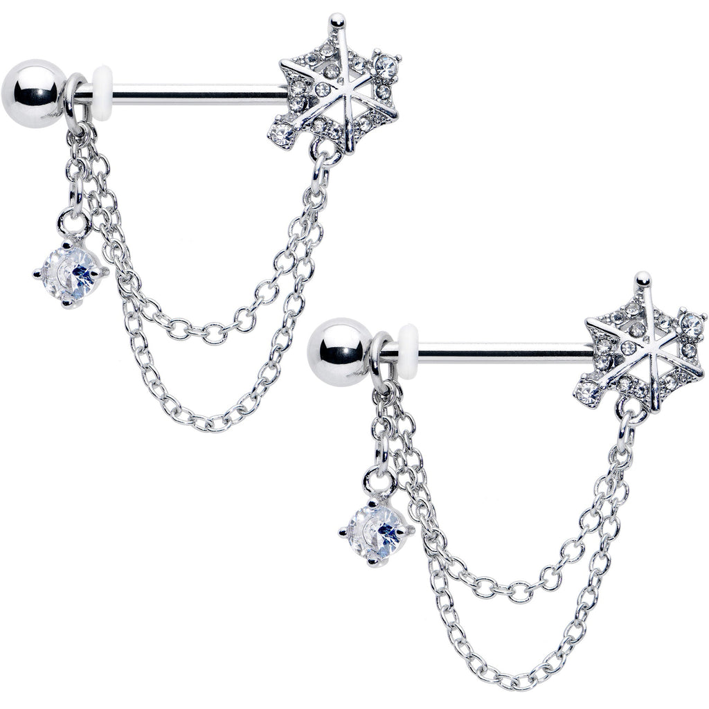 BodyCandy 14G 9/16 Clear CZ Gem Spiderweb Chain Dangle Nipple Ring Set — main product shot