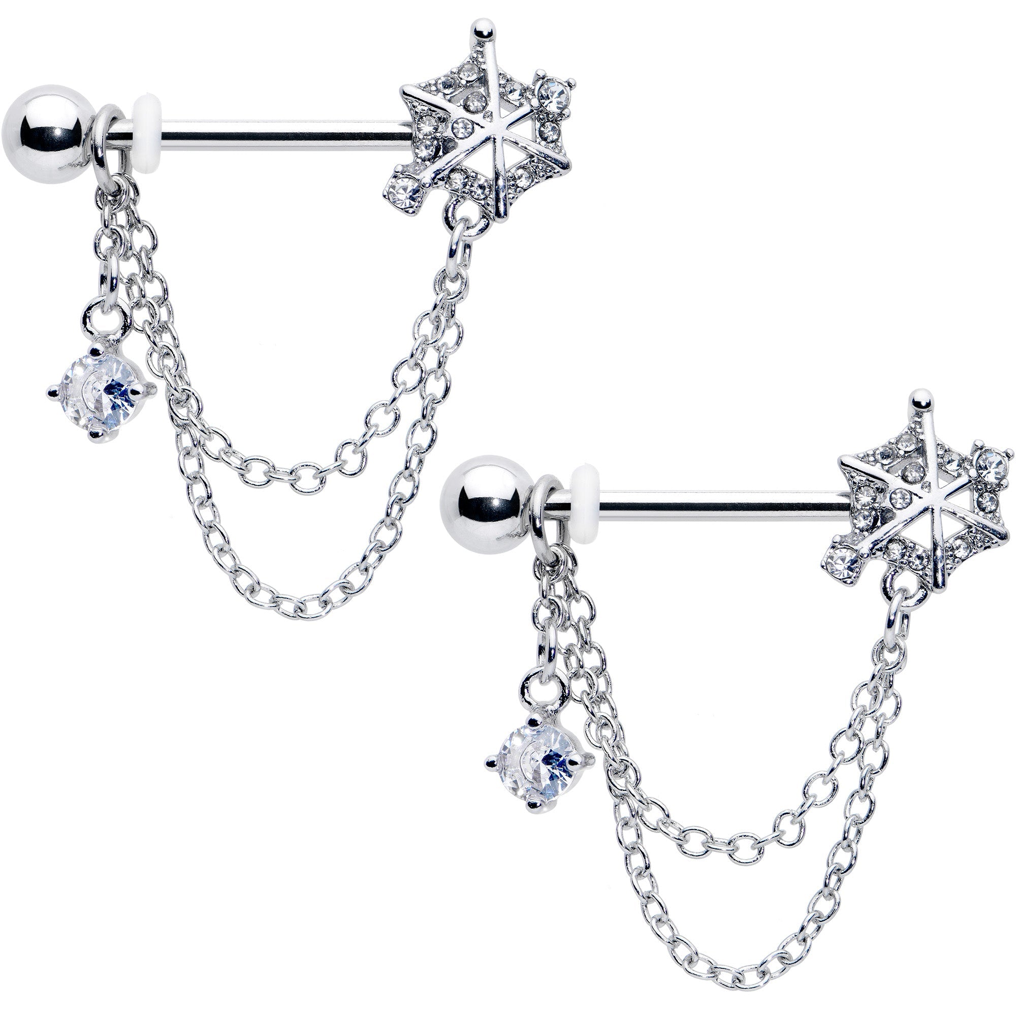 BodyCandy 14G 9/16 Clear CZ Gem Spiderweb Chain Dangle Nipple Ring Set — main product shot