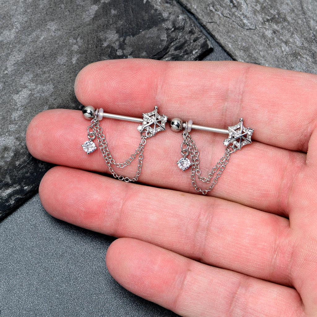 BodyCandy 14G 9/16 Clear CZ Gem Spiderweb Chain Dangle Nipple Ring Set — detail close-up