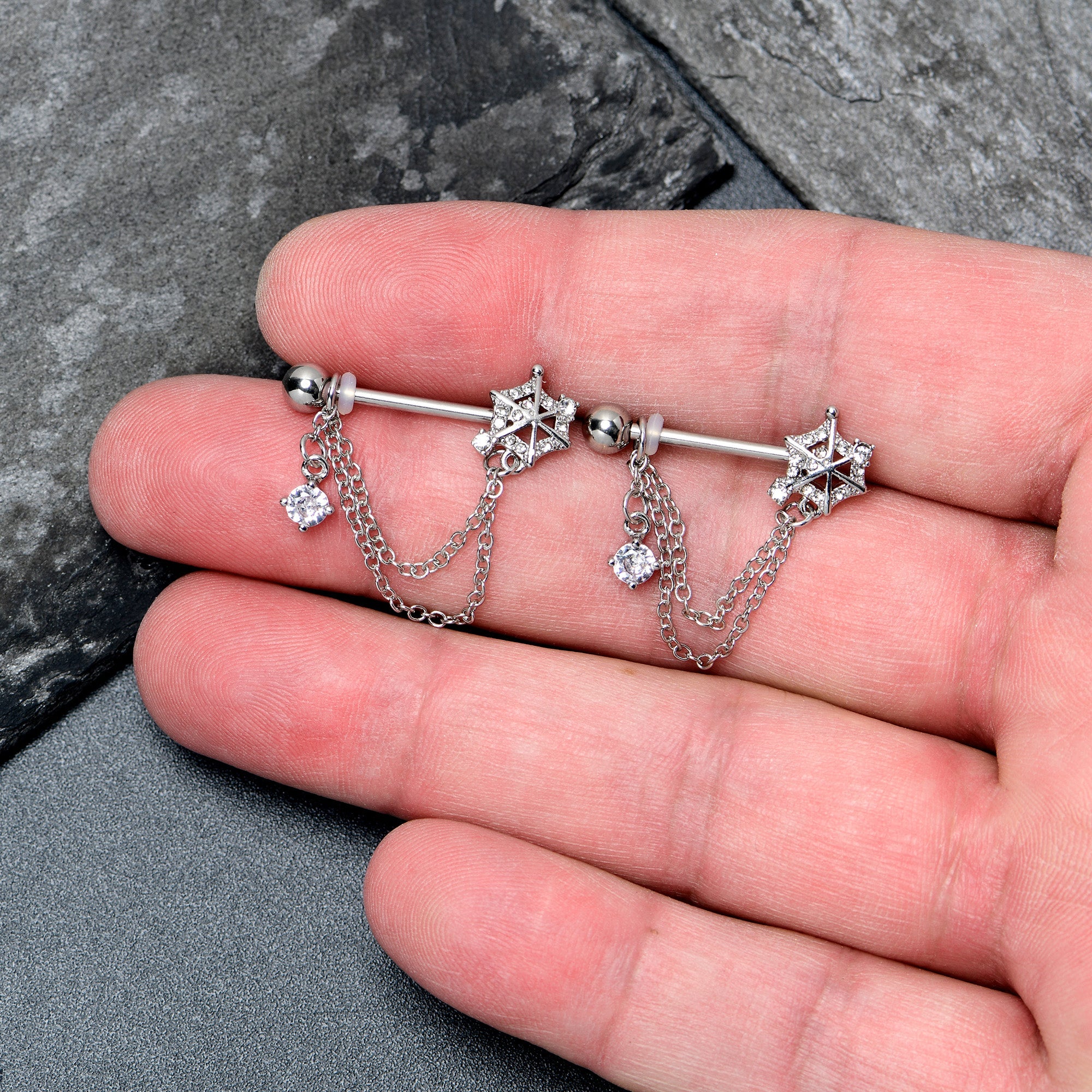 BodyCandy 14G 9/16 Clear CZ Gem Spiderweb Chain Dangle Nipple Ring Set — detail close-up