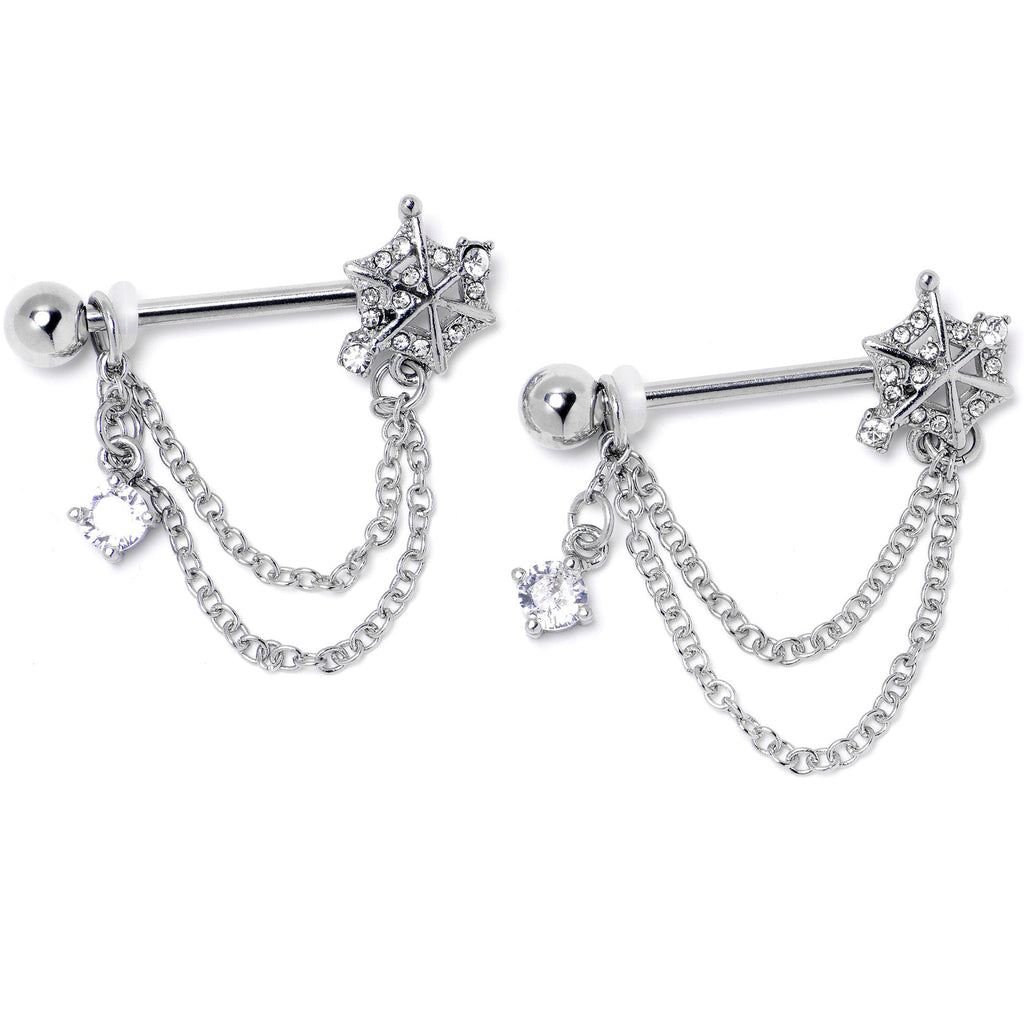 BodyCandy 14G 9/16 Clear CZ Gem Spiderweb Chain Dangle Nipple Ring Set — lifestyle context