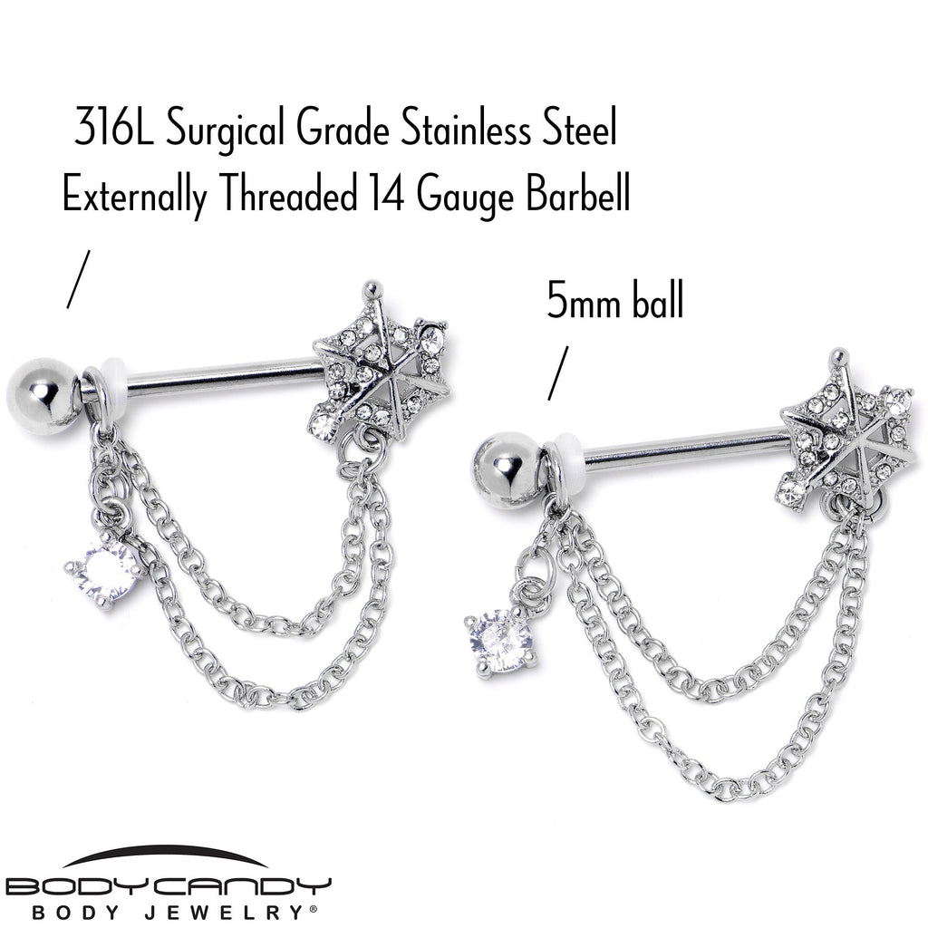 BodyCandy 14G 9/16 Clear CZ Gem Spiderweb Chain Dangle Nipple Ring Set — side view