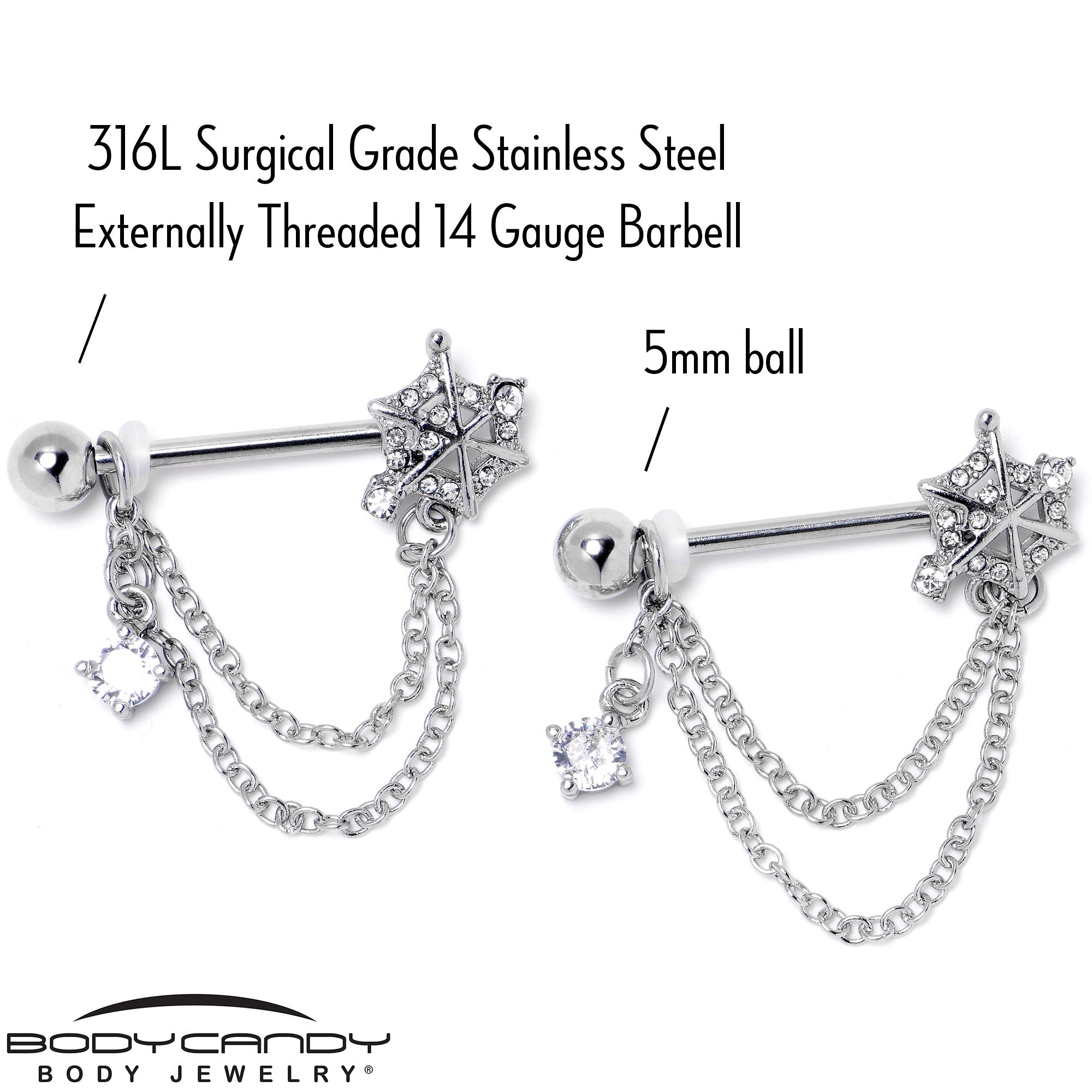 BodyCandy 14G 9/16 Clear CZ Gem Spiderweb Chain Dangle Nipple Ring Set — side view
