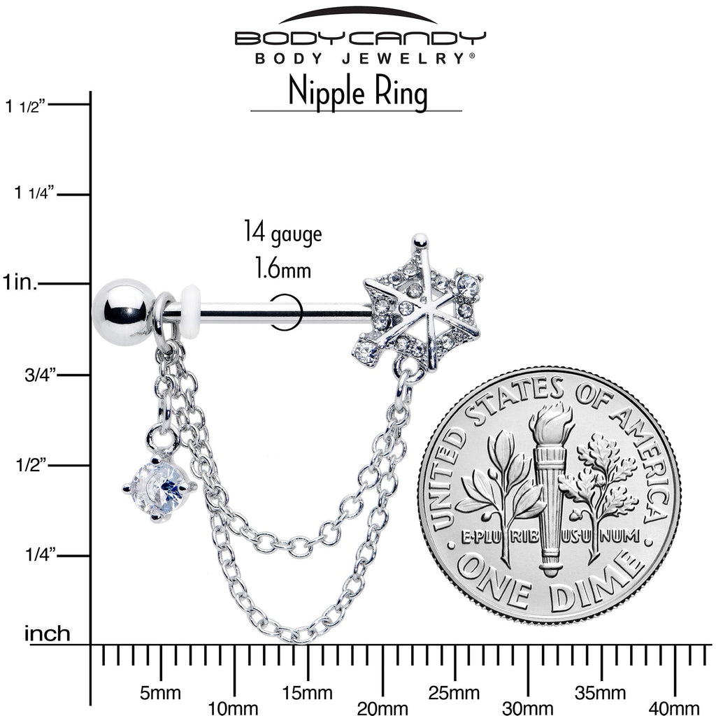 BodyCandy 14G 9/16 Clear CZ Gem Spiderweb Chain Dangle Nipple Ring Set — back view